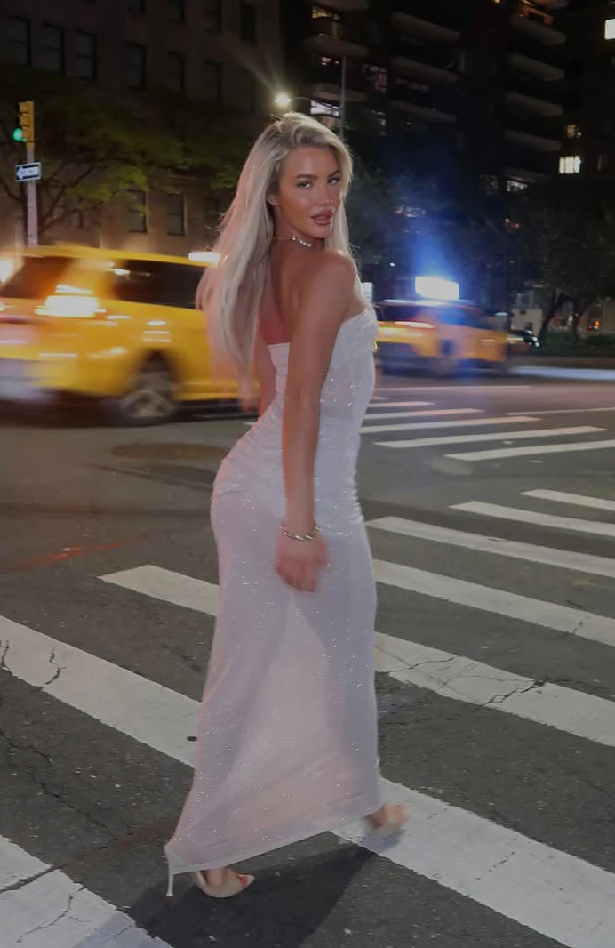 Sheer Grace Strapless Glitter Maxi Dress Champagne