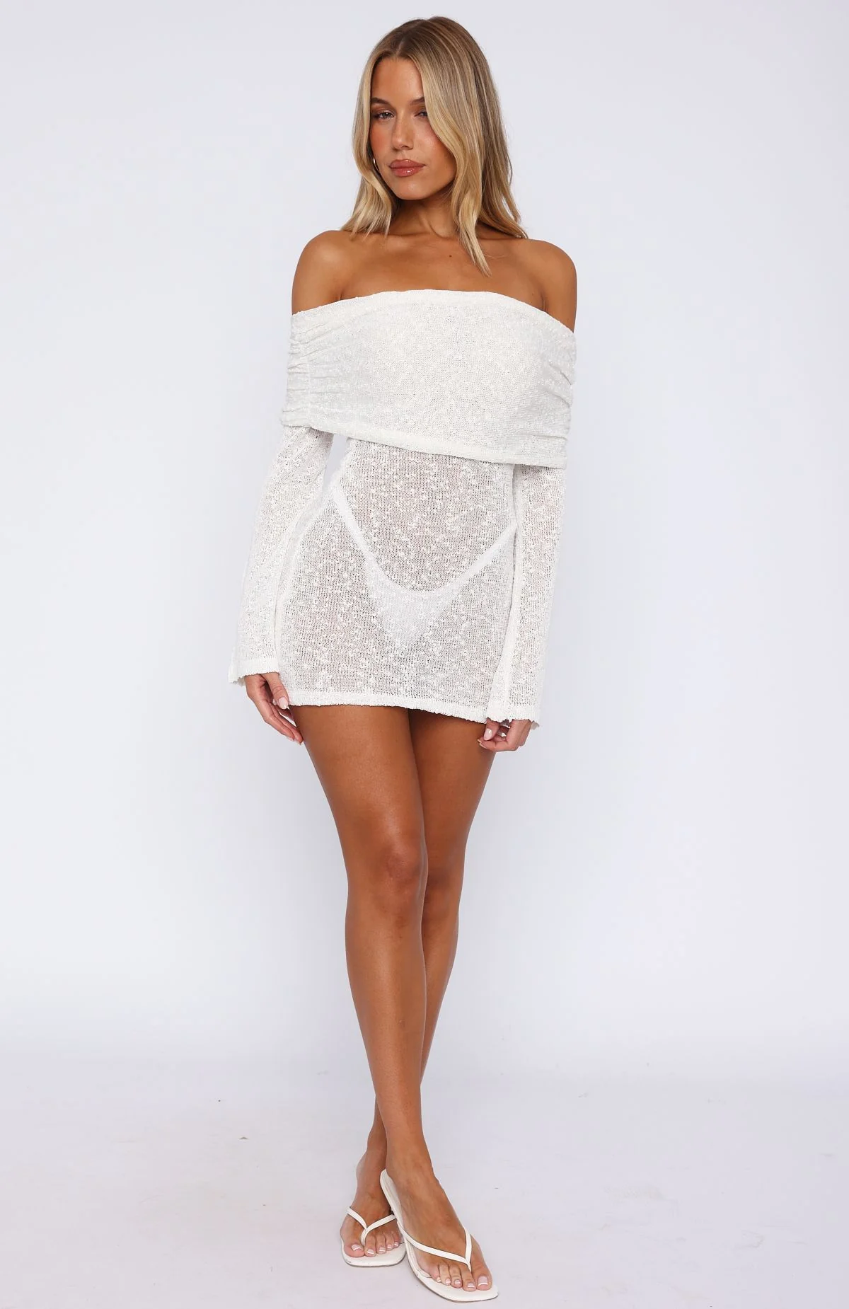 Can't Leave Me Long Sleeve Boucle Mini Dress White