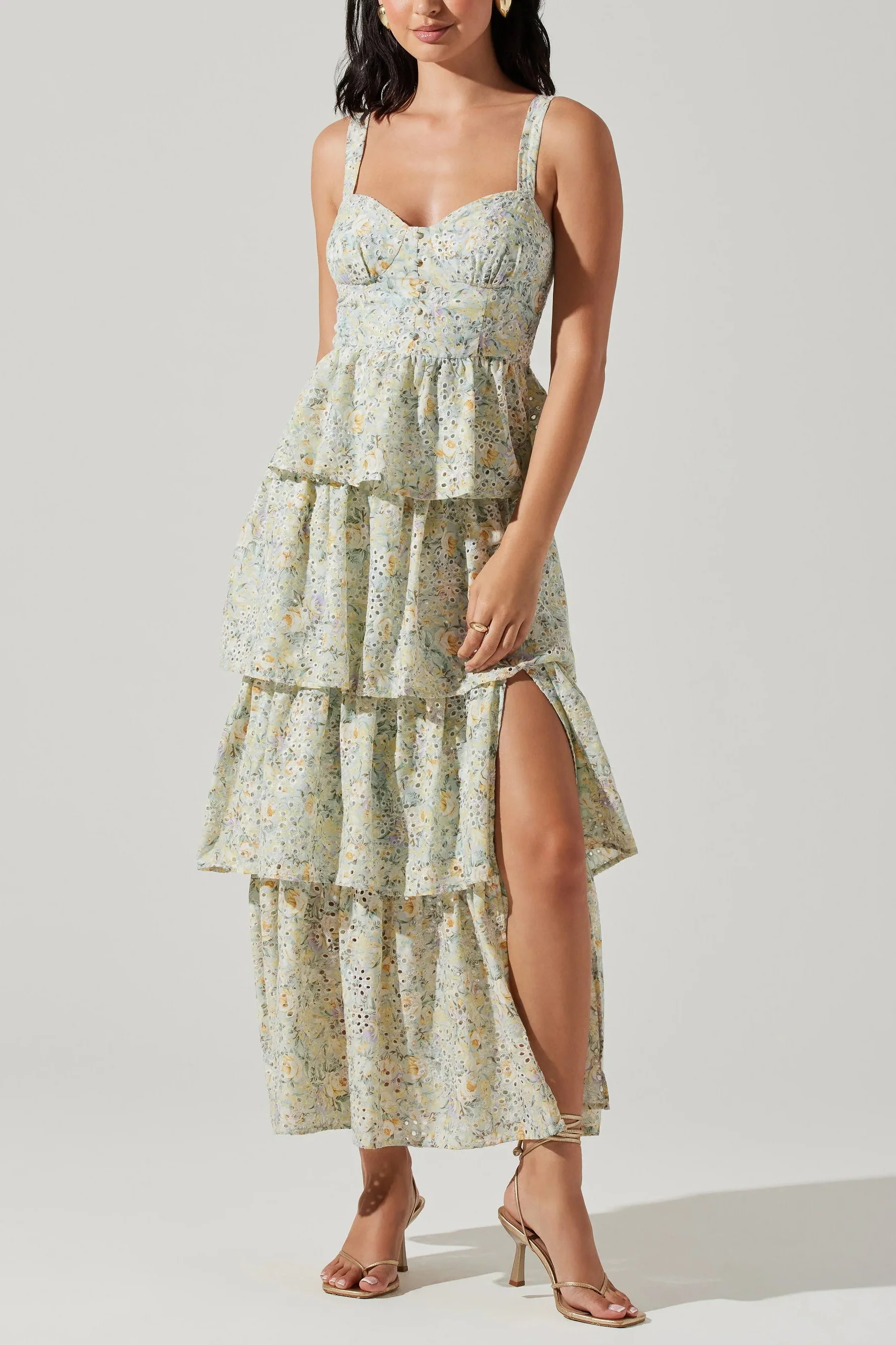 ASTR Midsummer Floral Tiered Maxi Dress in Mint Floral