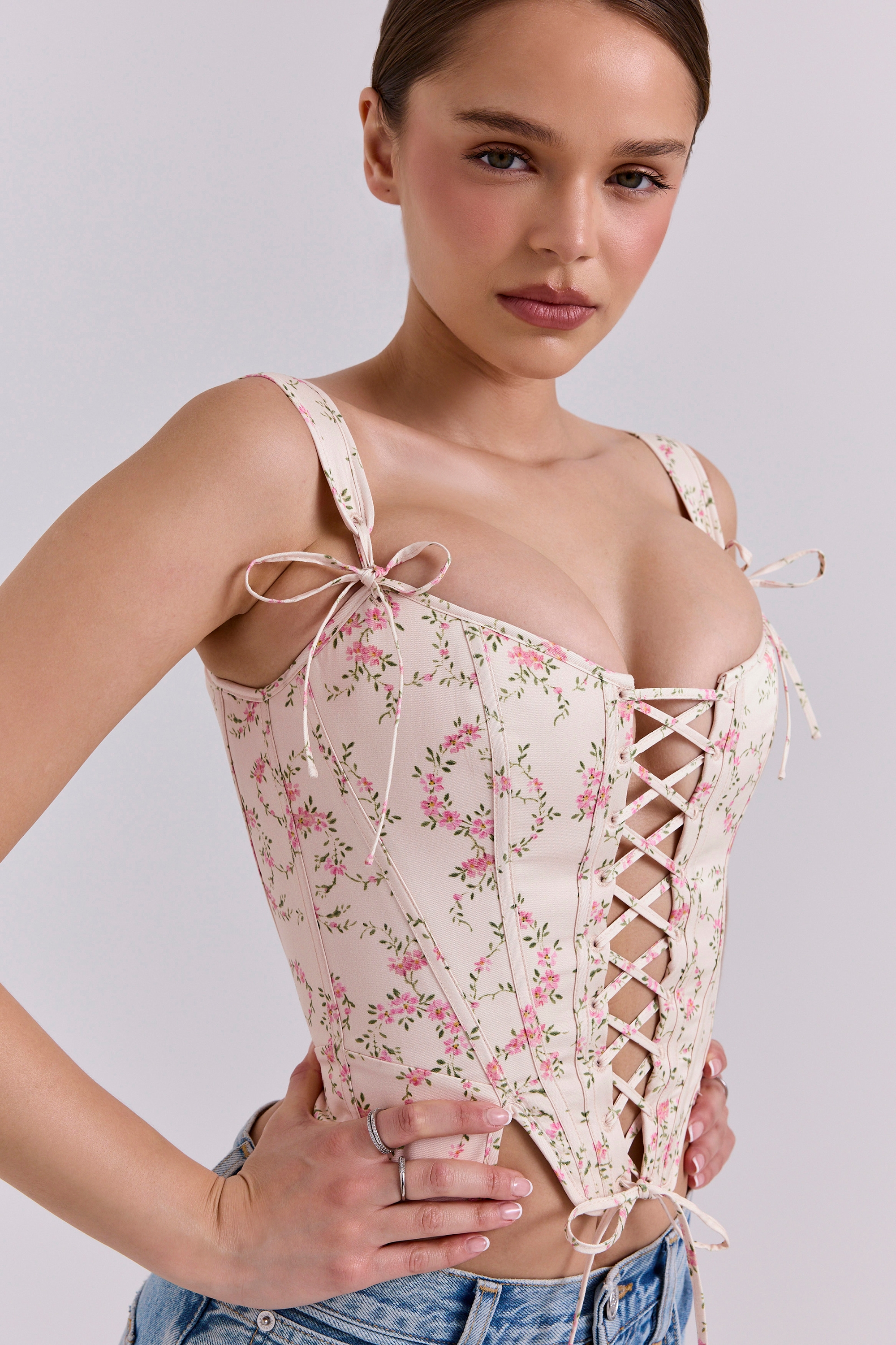 Cream Vintage Floral Cotton Corset Top