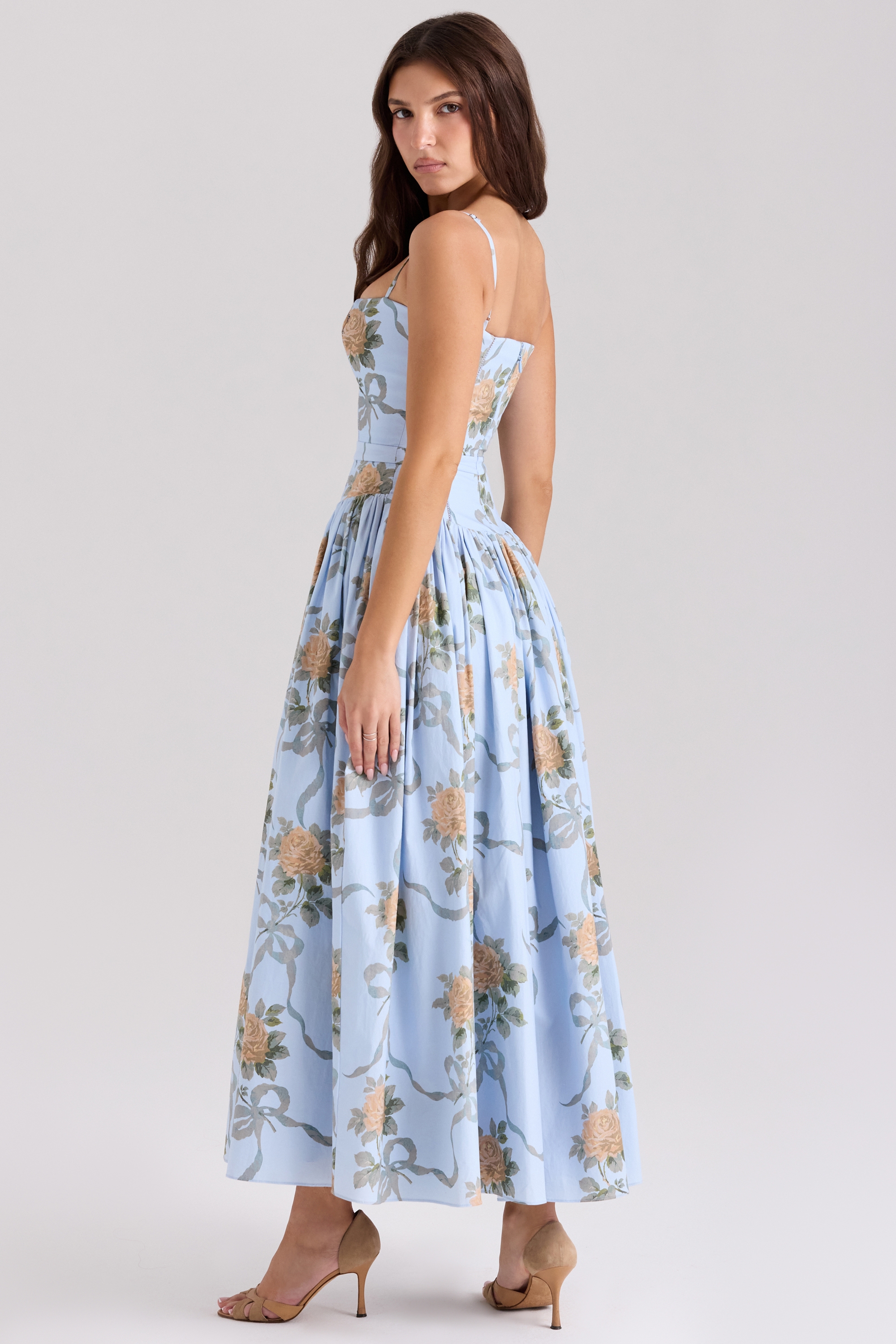 Blue Vintage Rose Print Cotton Midi Sundress