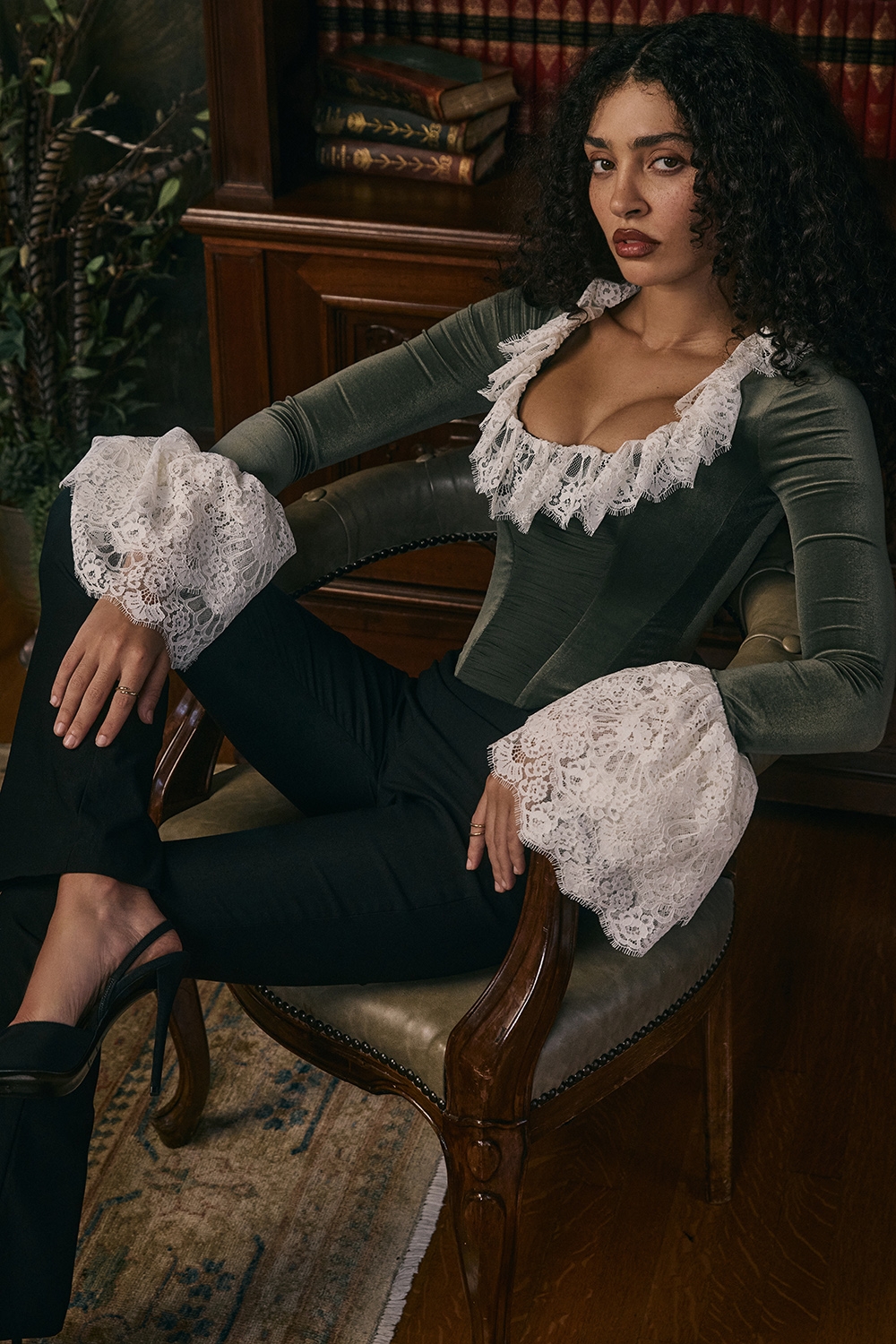 Forest Green Velvet Lace Trimmed Corset Top