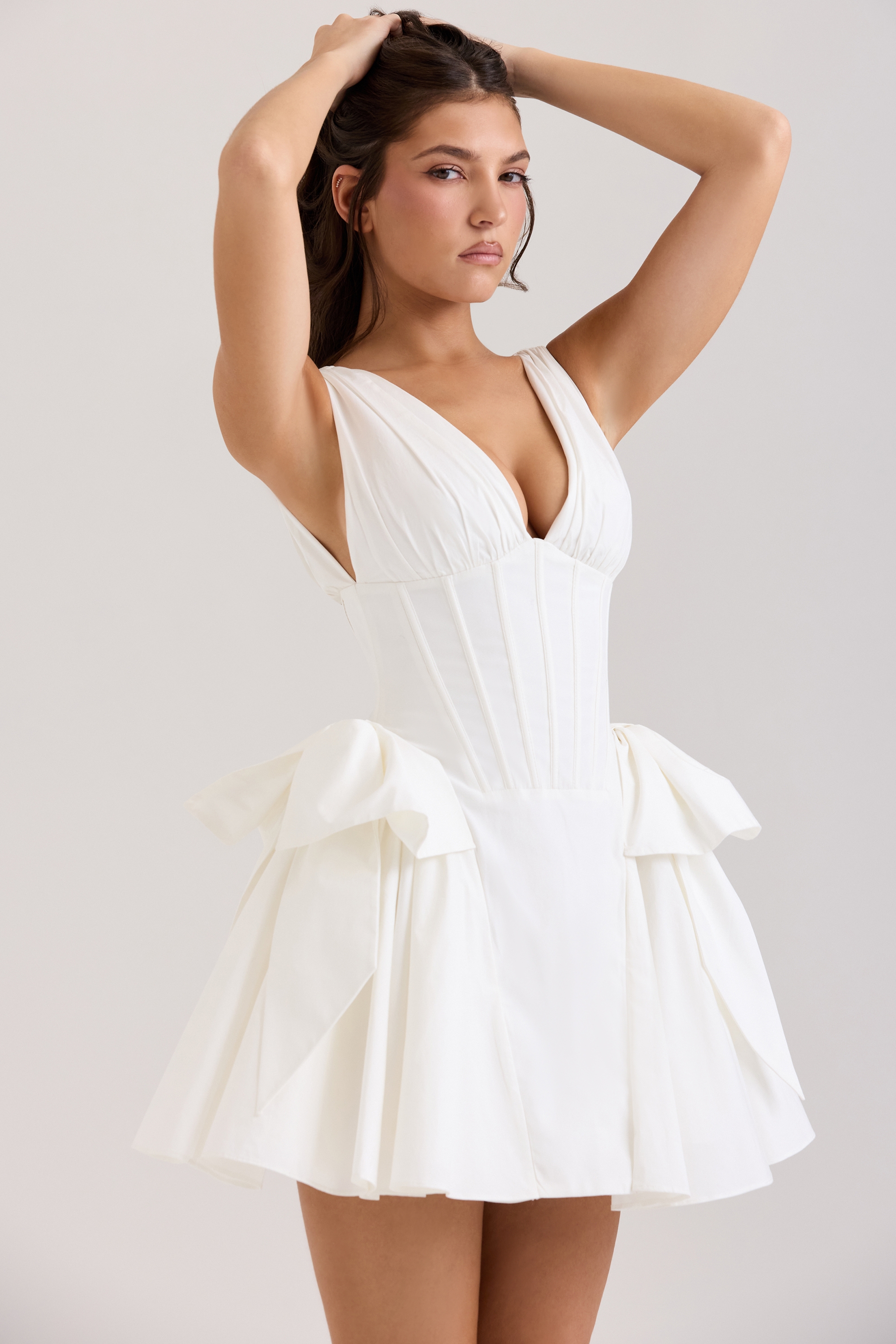 White Stretch Cotton Bow Mini Dress