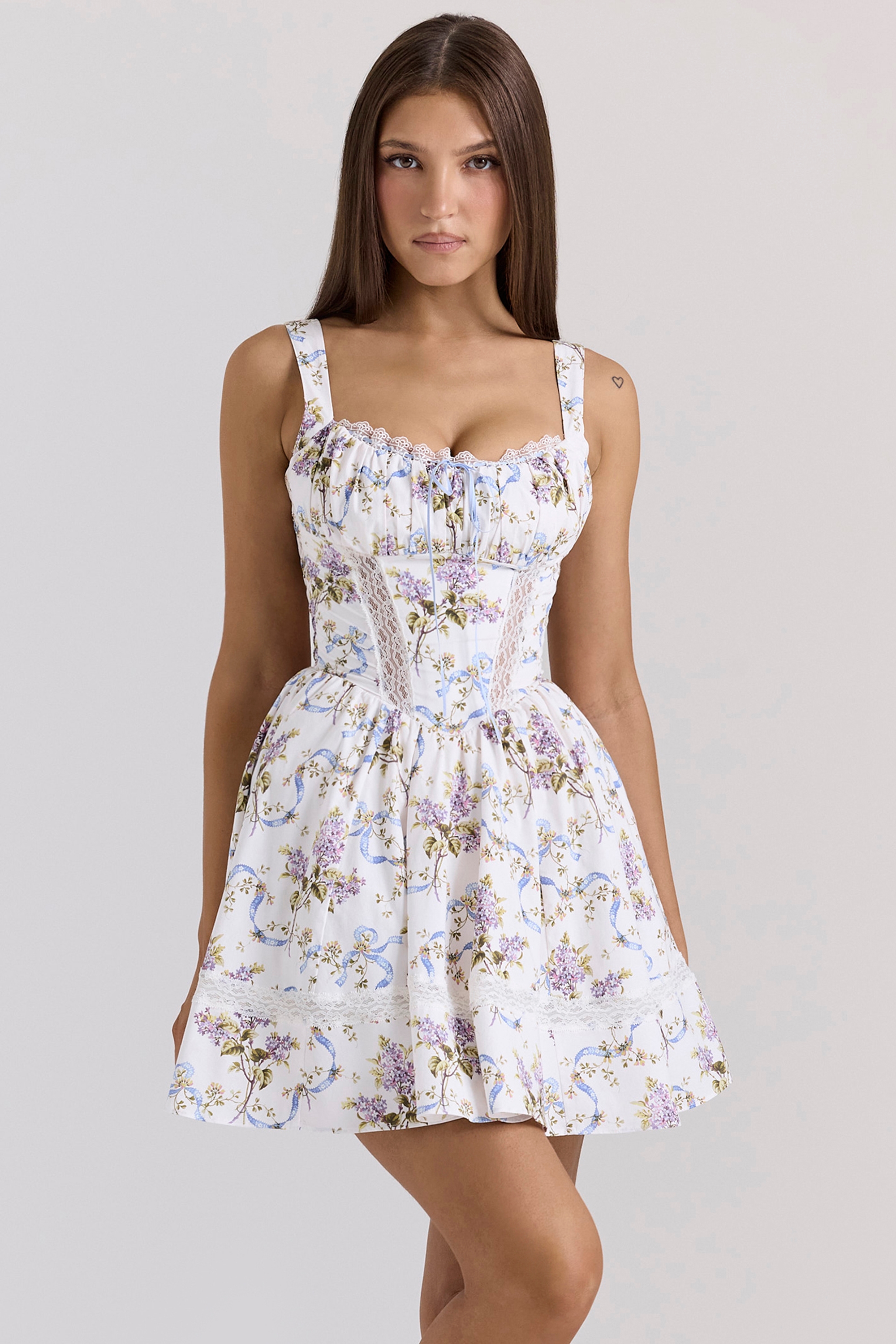 White Floral Ribbon Print Cotton Mini Dress