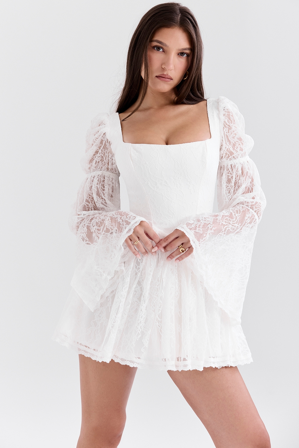 White Lace Puff Sleeve Mini Dress