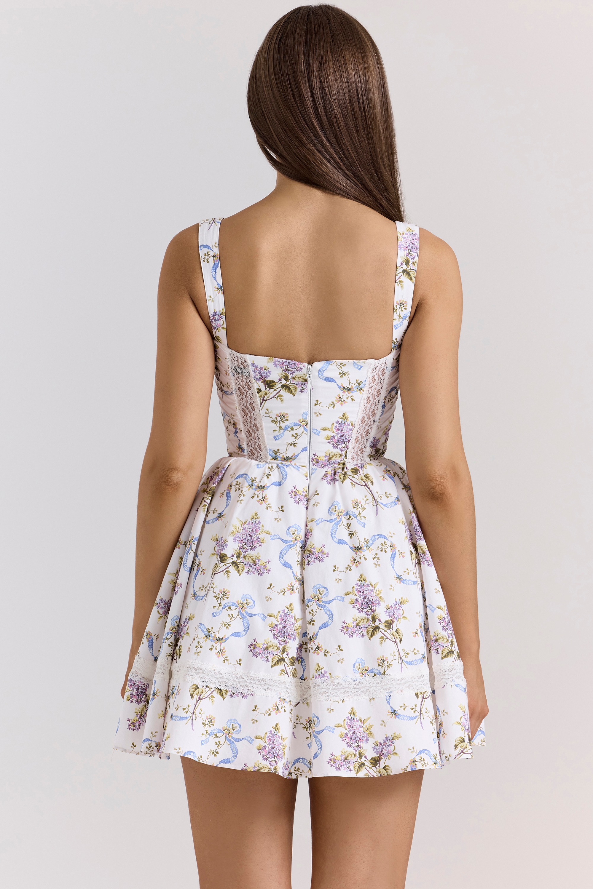 White Floral Ribbon Print Cotton Mini Dress
