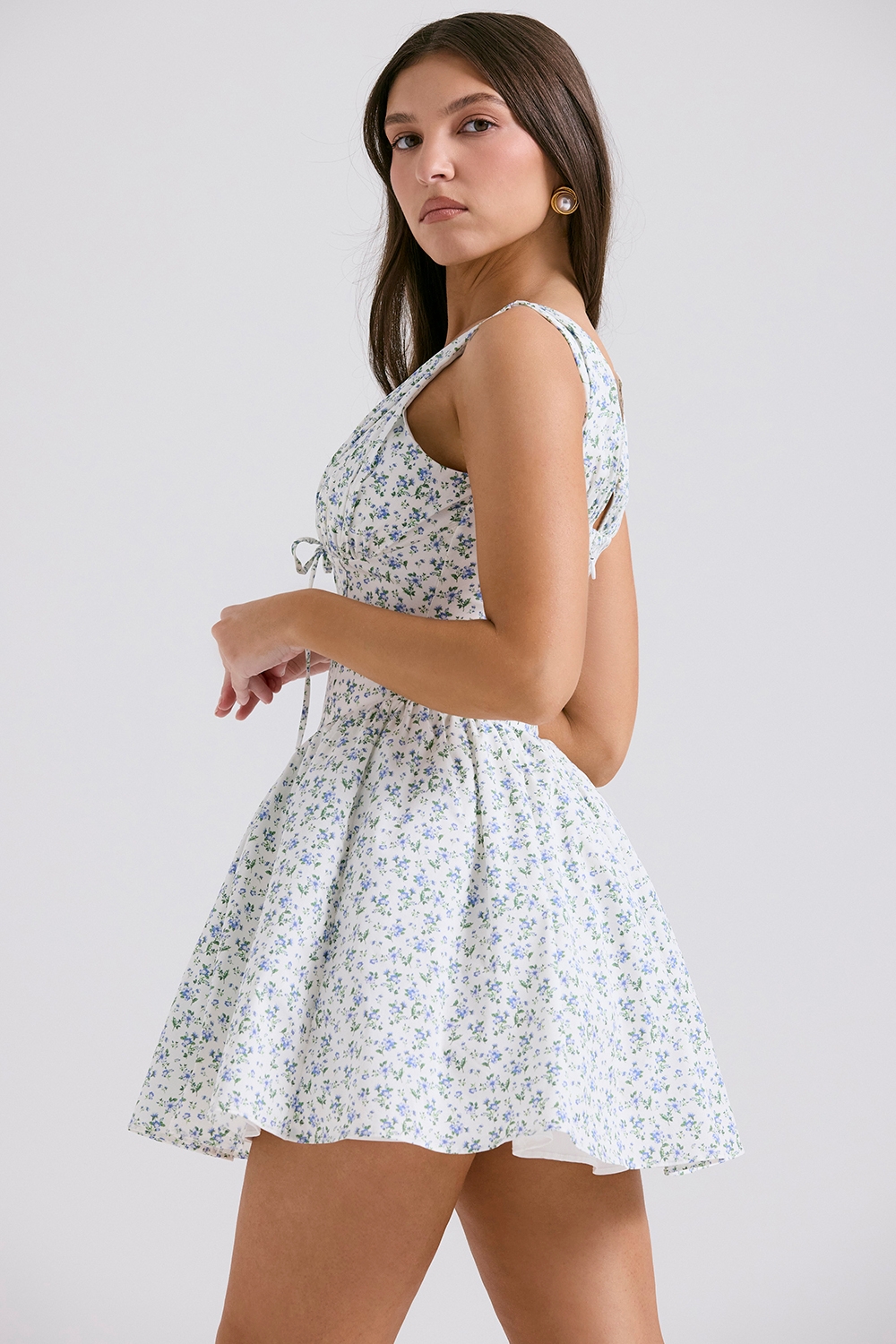 White Bluebell Print Corset Mini Dress