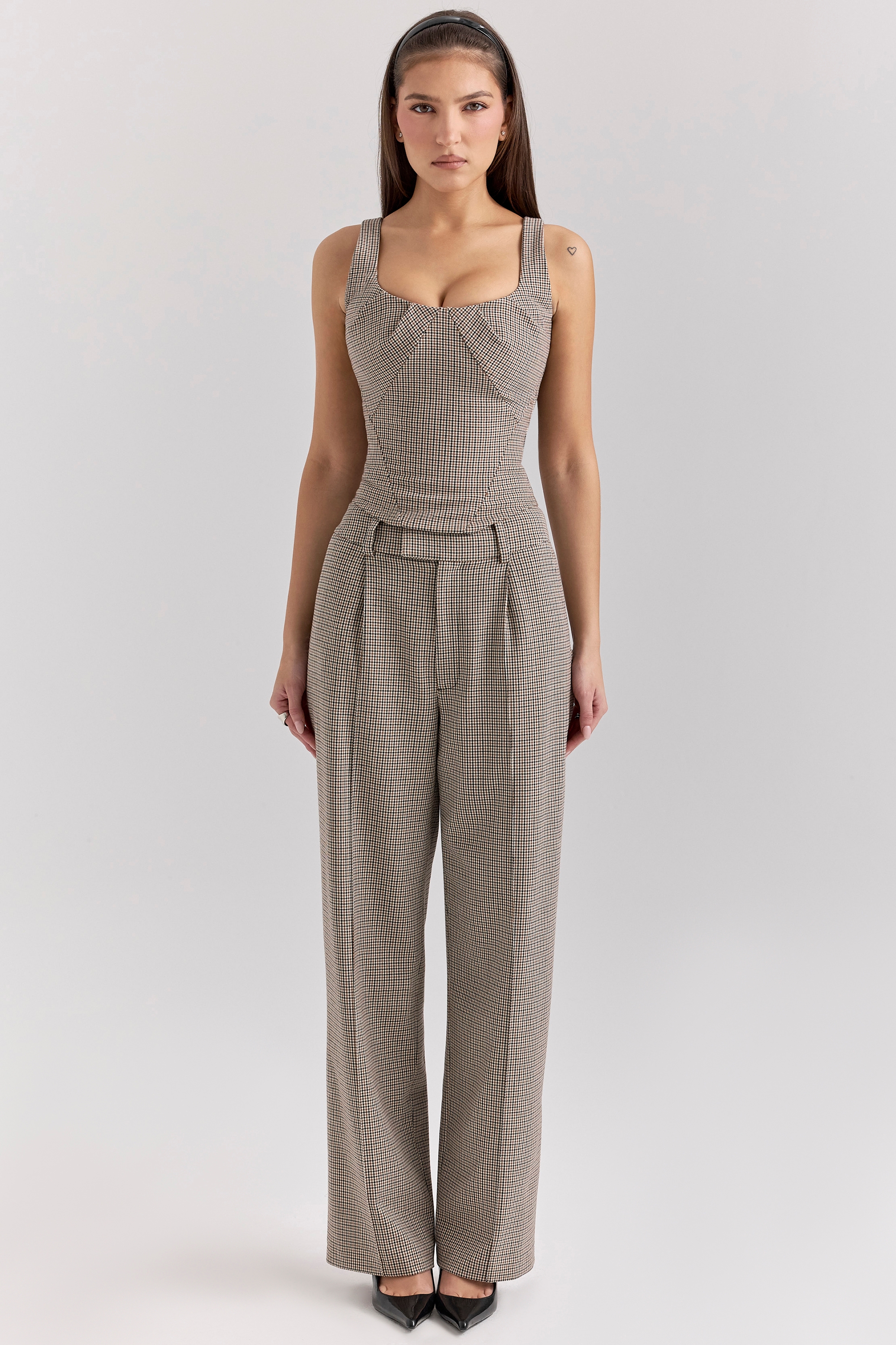 Brown Puppytooth Wide Leg High Waist Tailored Trousers