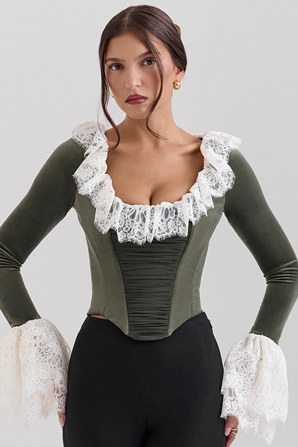Forest Green Velvet Lace Trimmed Corset Top