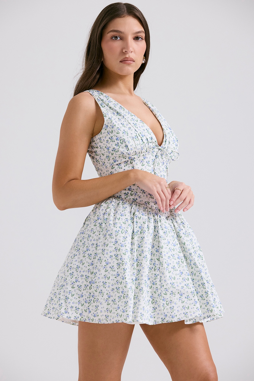 White Bluebell Print Corset Mini Dress
