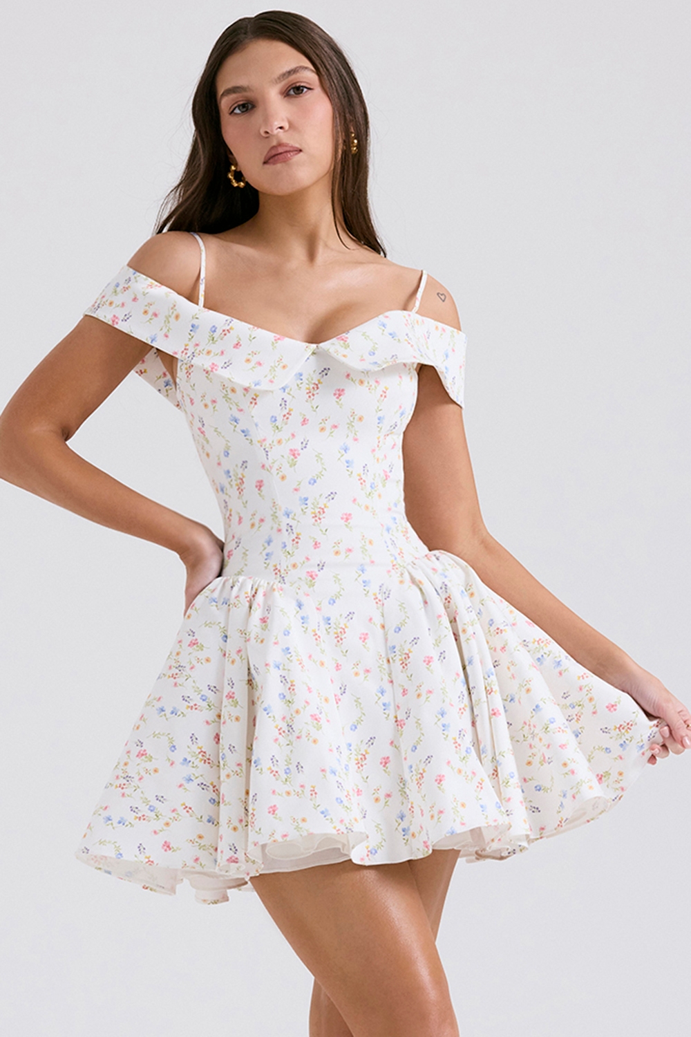 White Posy Print Corset Mini Dress