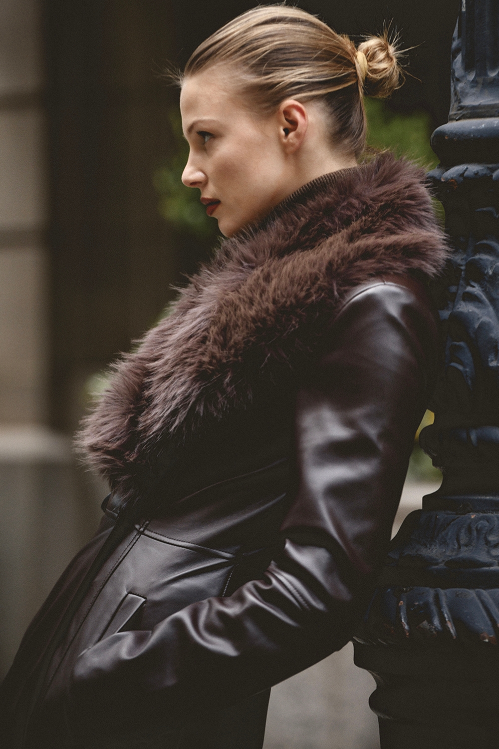 Brown Faux Fur Trimmed Vegan Leather Coat