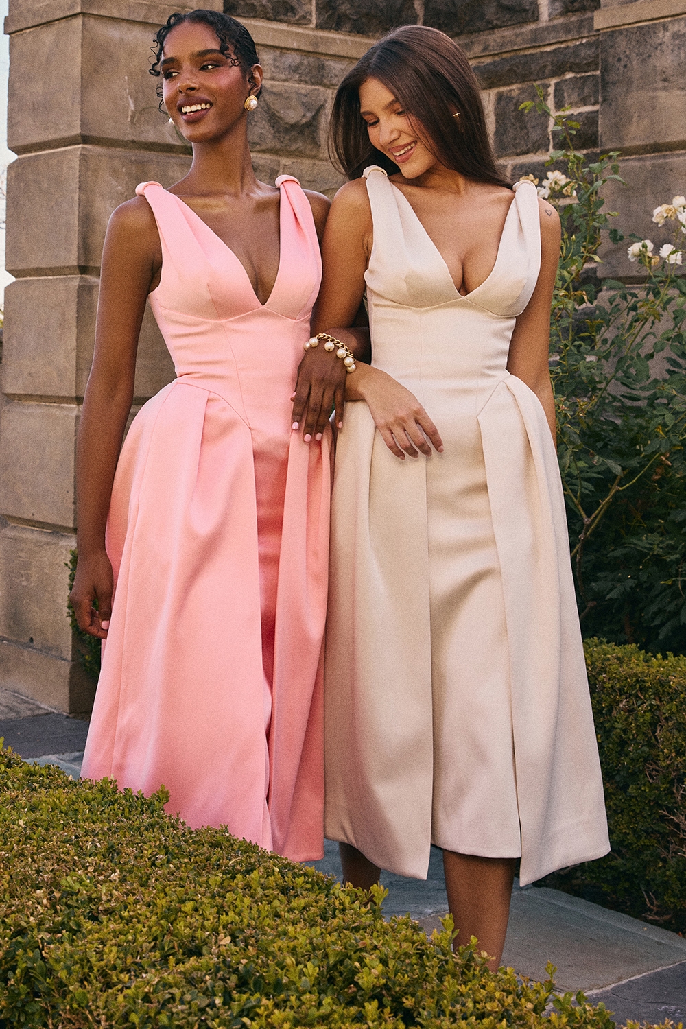 Vintage Cream Satin Pleated Midi Dress