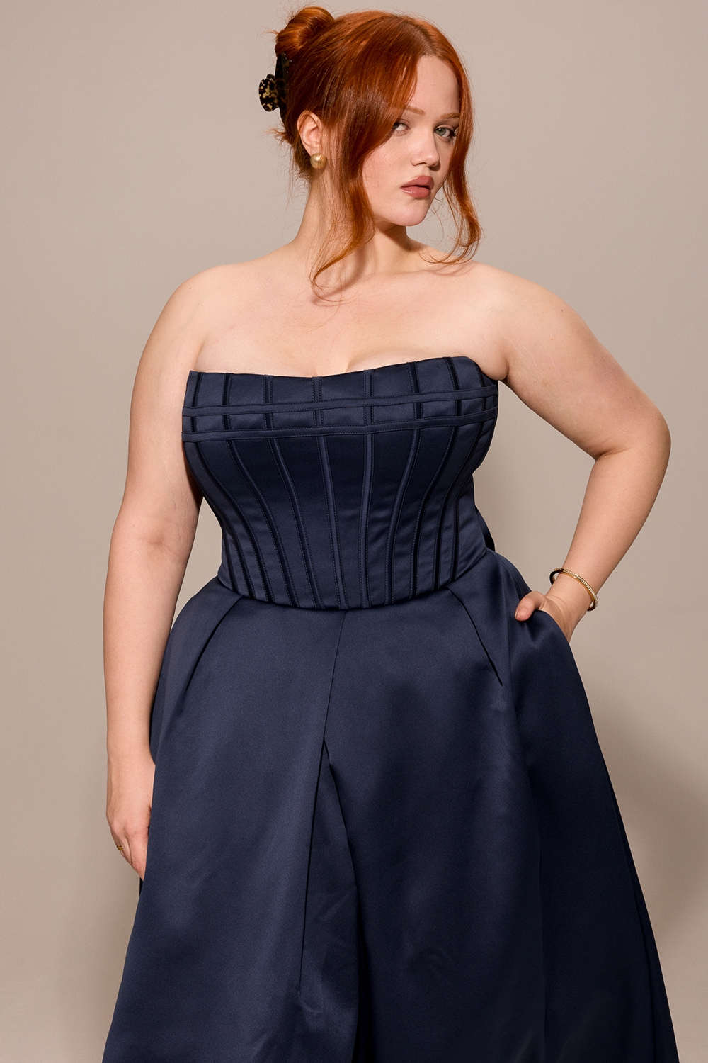 Midnight Blue Strapless Detachable Bow Midi Dress