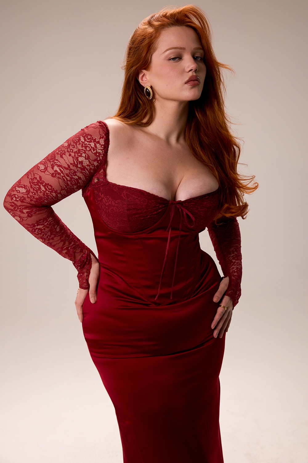 Berry Satin Maxi Dress With Corset