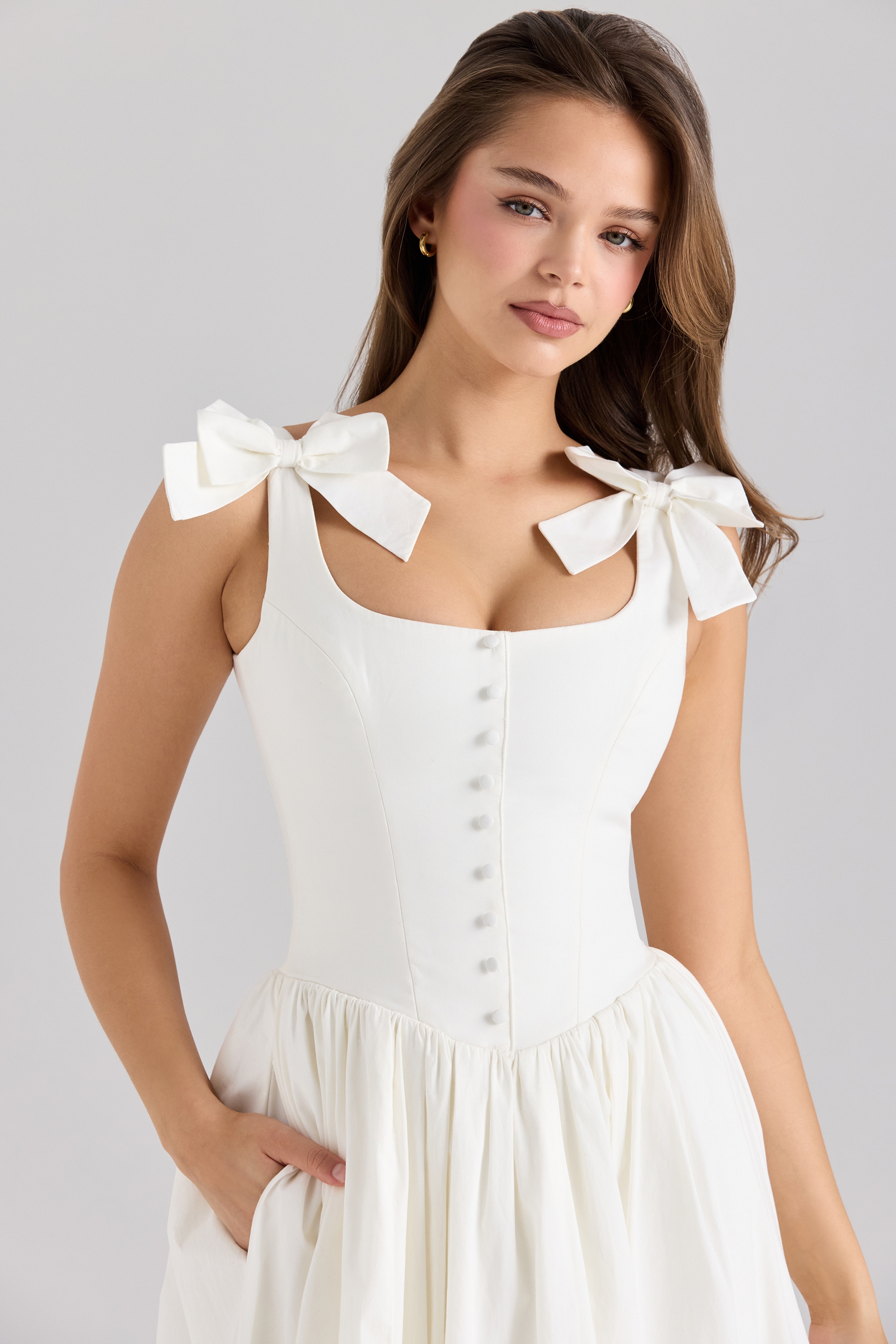 White Stretch Cotton Bow Midi Dress