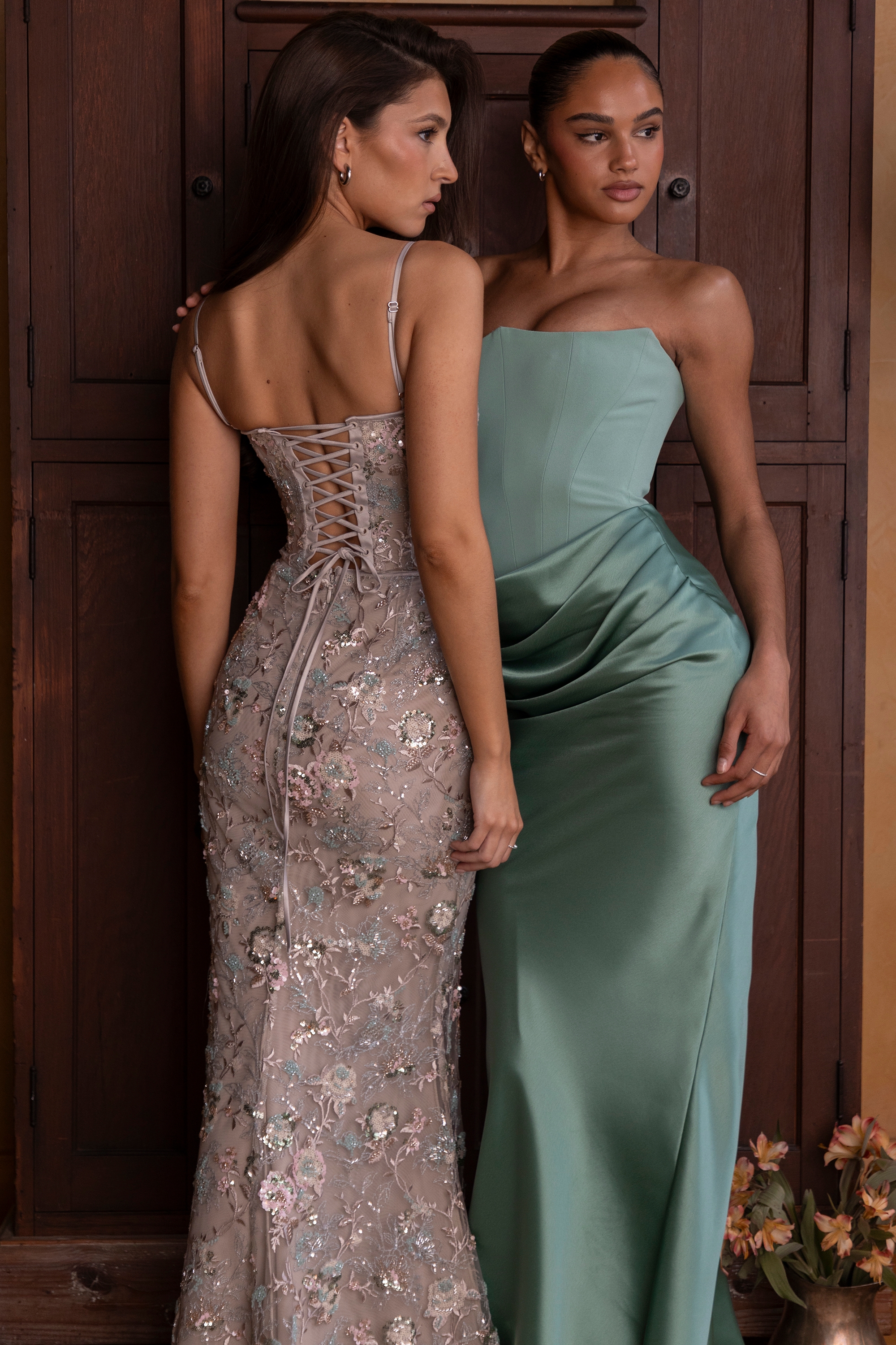 Silver Embellished Beaded Corset Maxi Dress