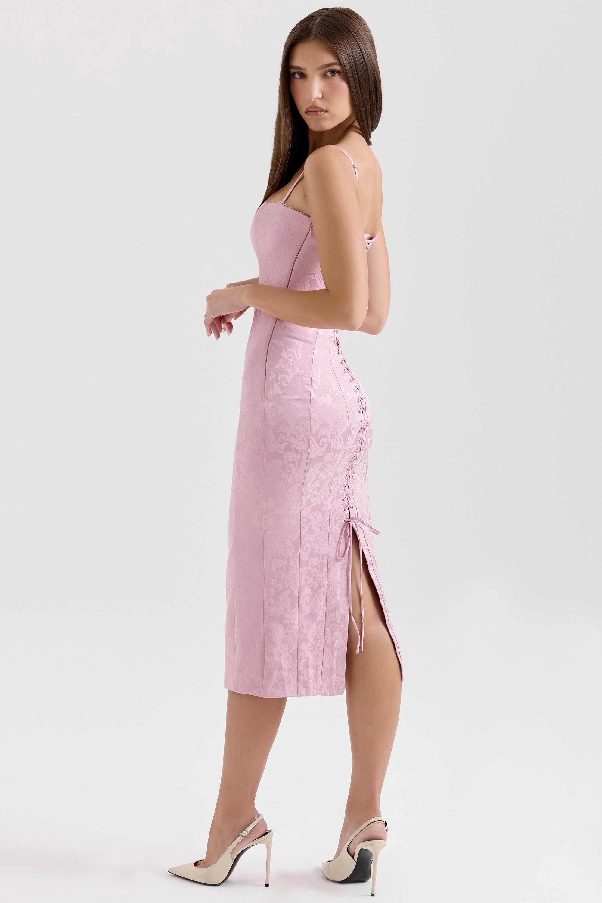 Pink Jacquard Lace Up Bodycon Midi Dress