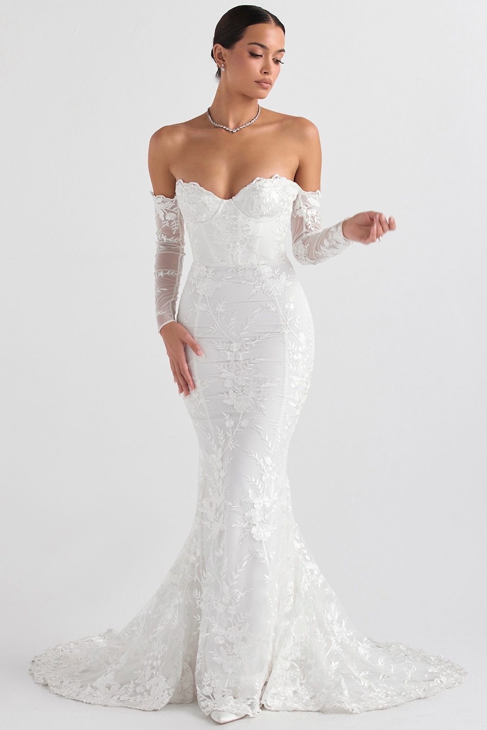 White Lace Long Sleeve Bridal Gown