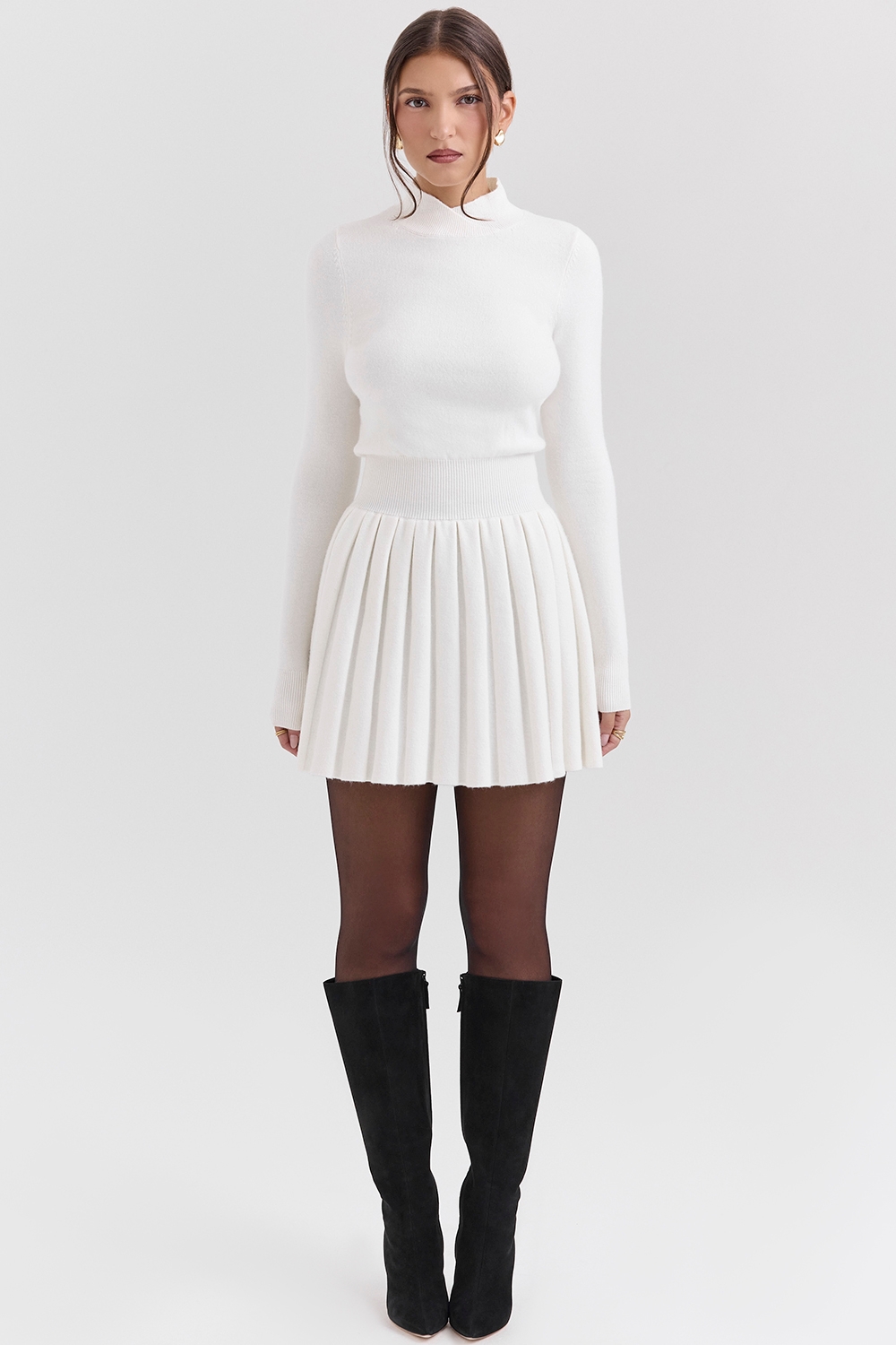 White Cashmere Blend Pleated Skated Mini Dress