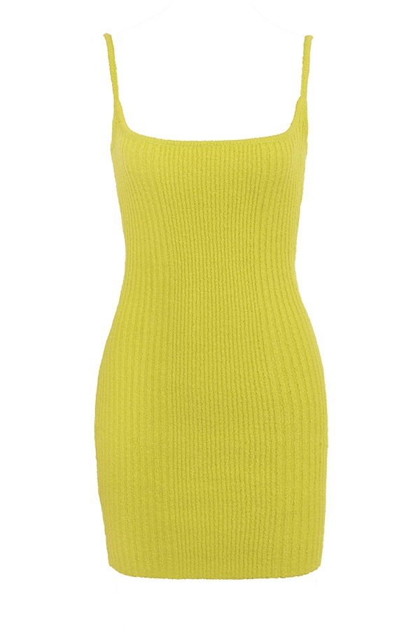 Acid Lime Textured Cotton Knit Mini Dress