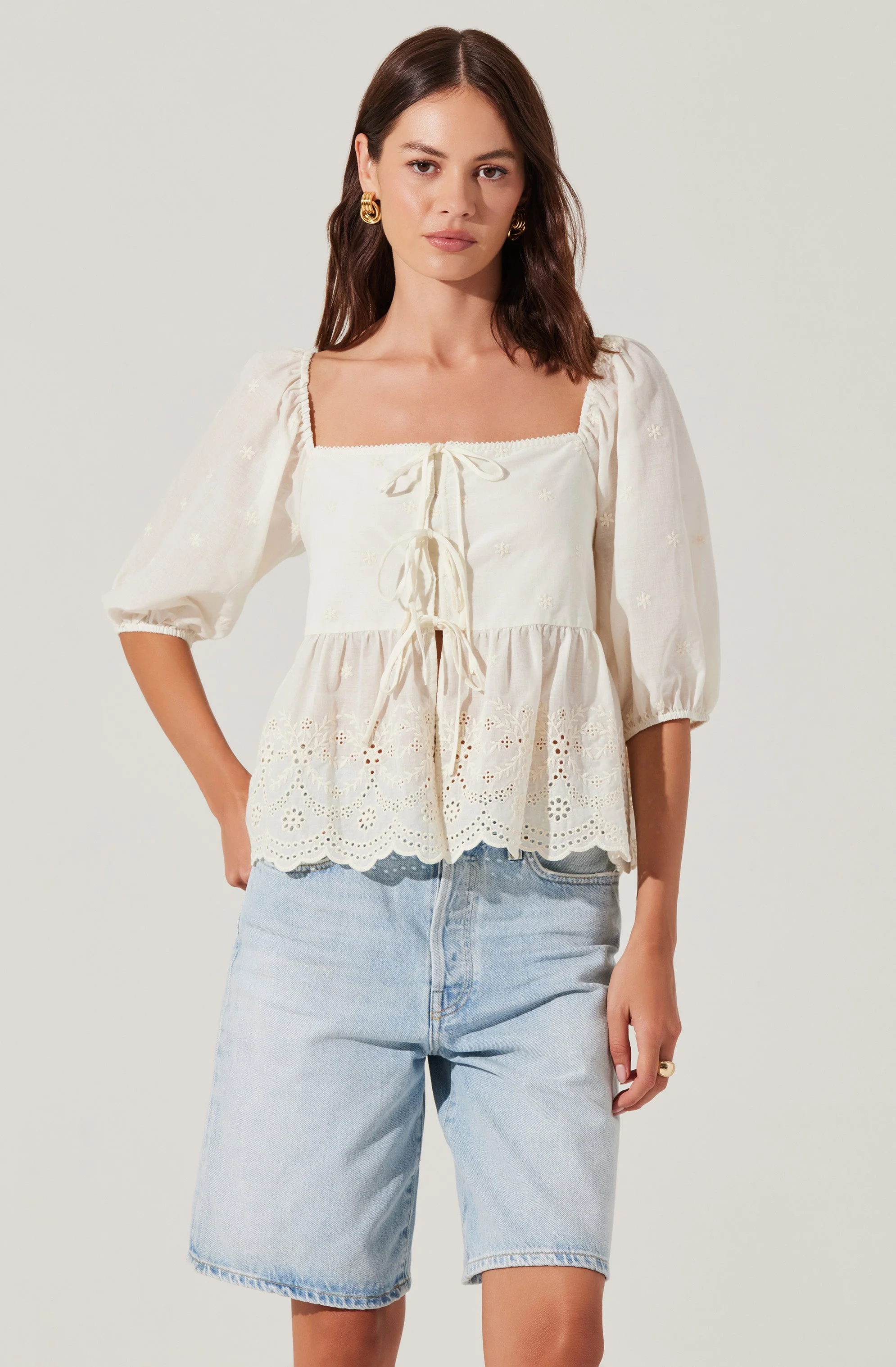 Ezmae Embroidered Tie-Front Top