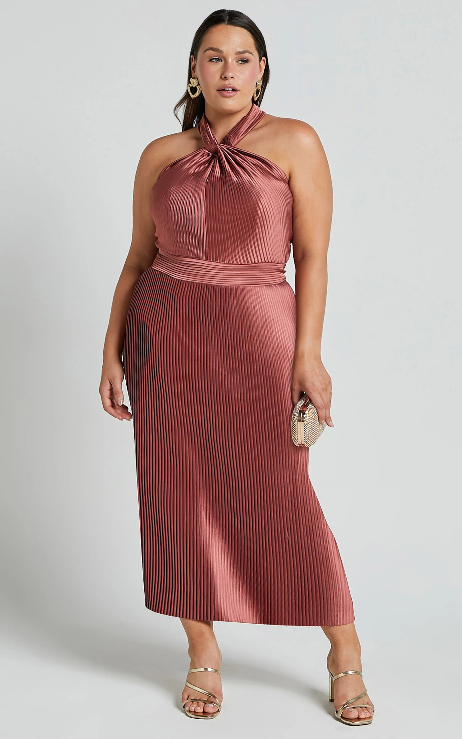 Marlette Midi Dress - Pleated Open Back Halter Dress in Rust