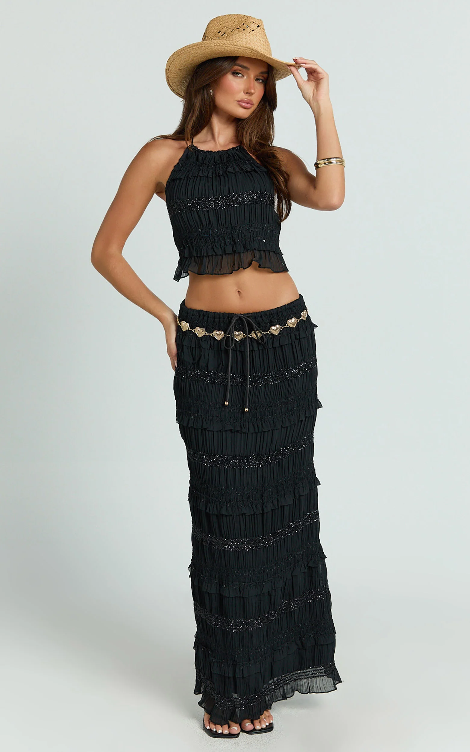 Alice Maxi Skirt - Embellished Ruched Skirt in Black