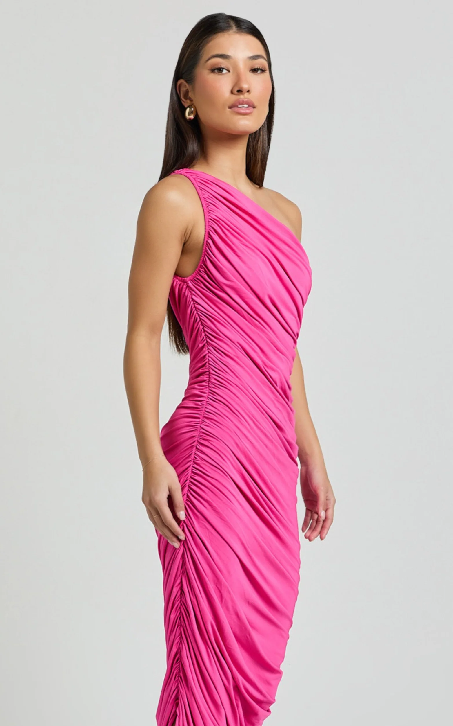 Lovlin Midi Dress - One Shoulder Ruched Dress in Fuchsia Pink