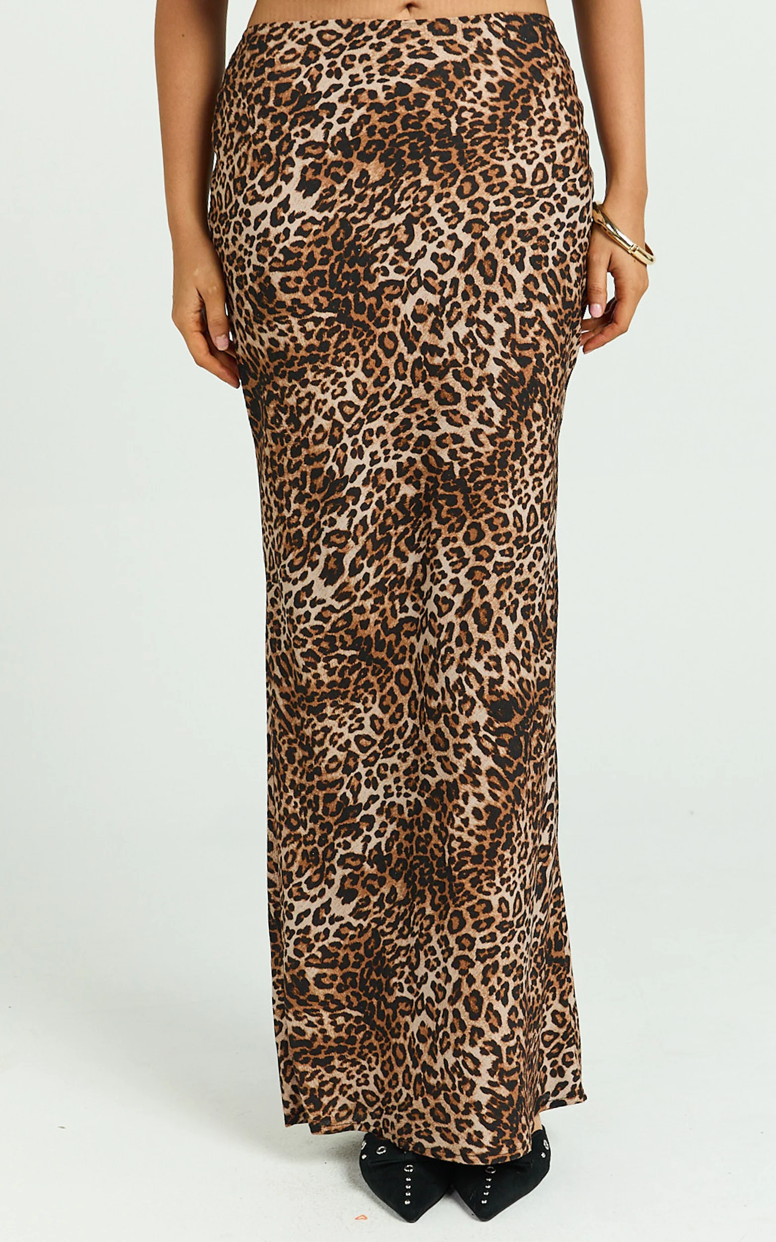 Jacqui Maxi Linen Blend Skirt - Bias Cut Back Split Skirt in Tonal Leopard Print