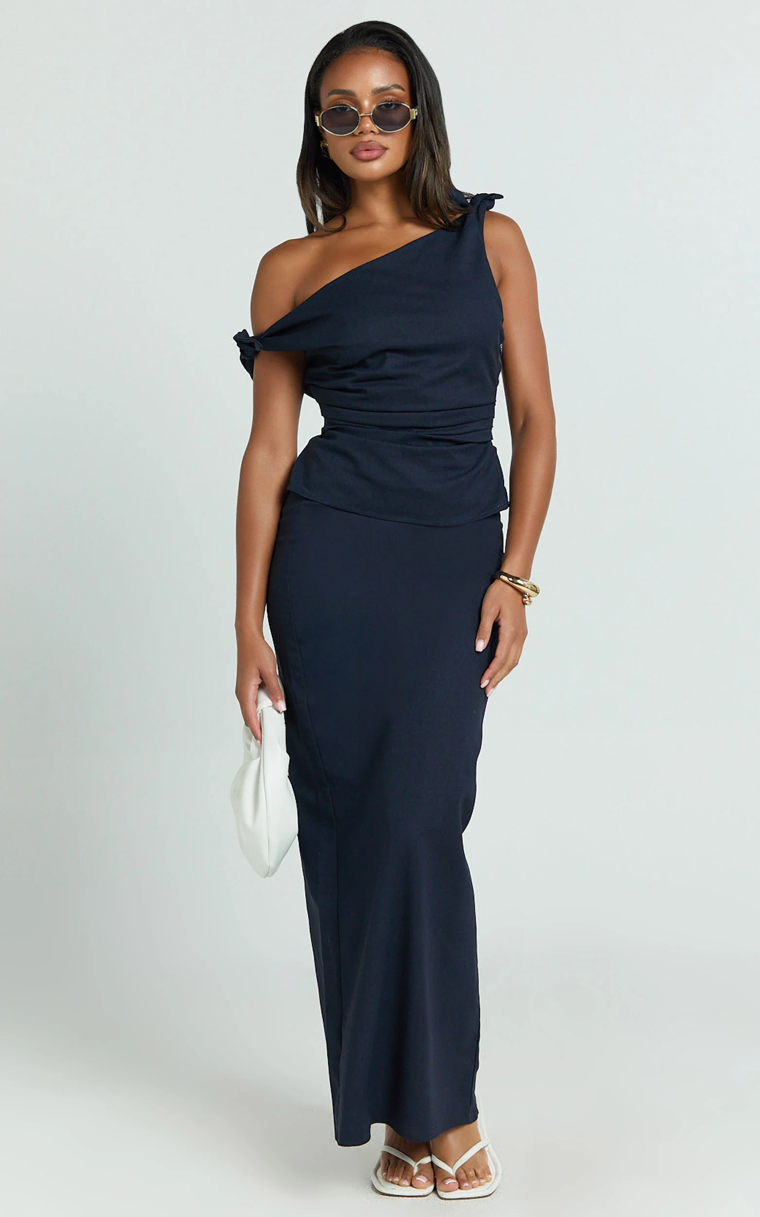 Vance Maxi Skirt - Linen Back Split Skirt in Navy