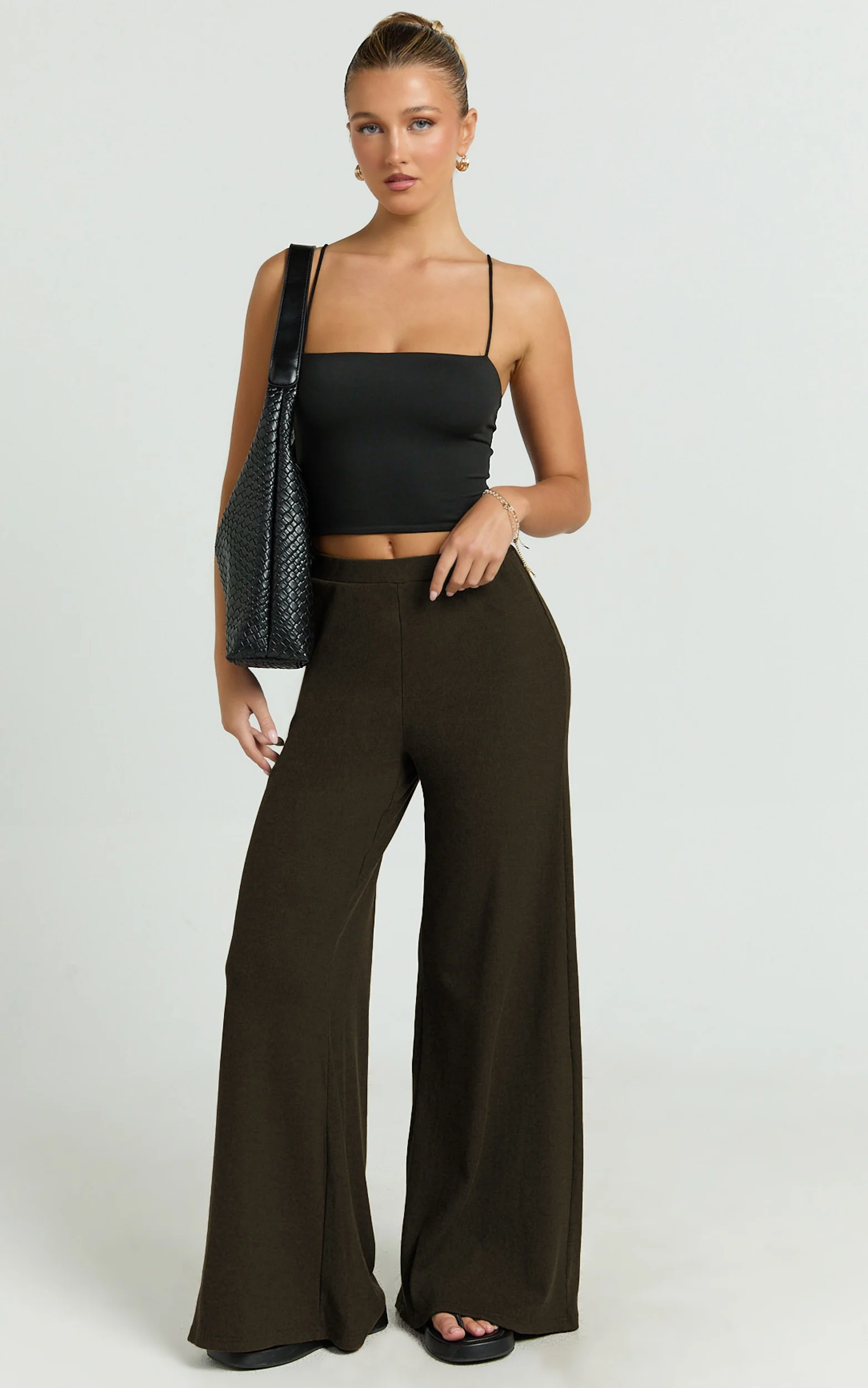 Amalthea Pants - High Waisted Jersey Rib Wide Leg Pants in Chocolate