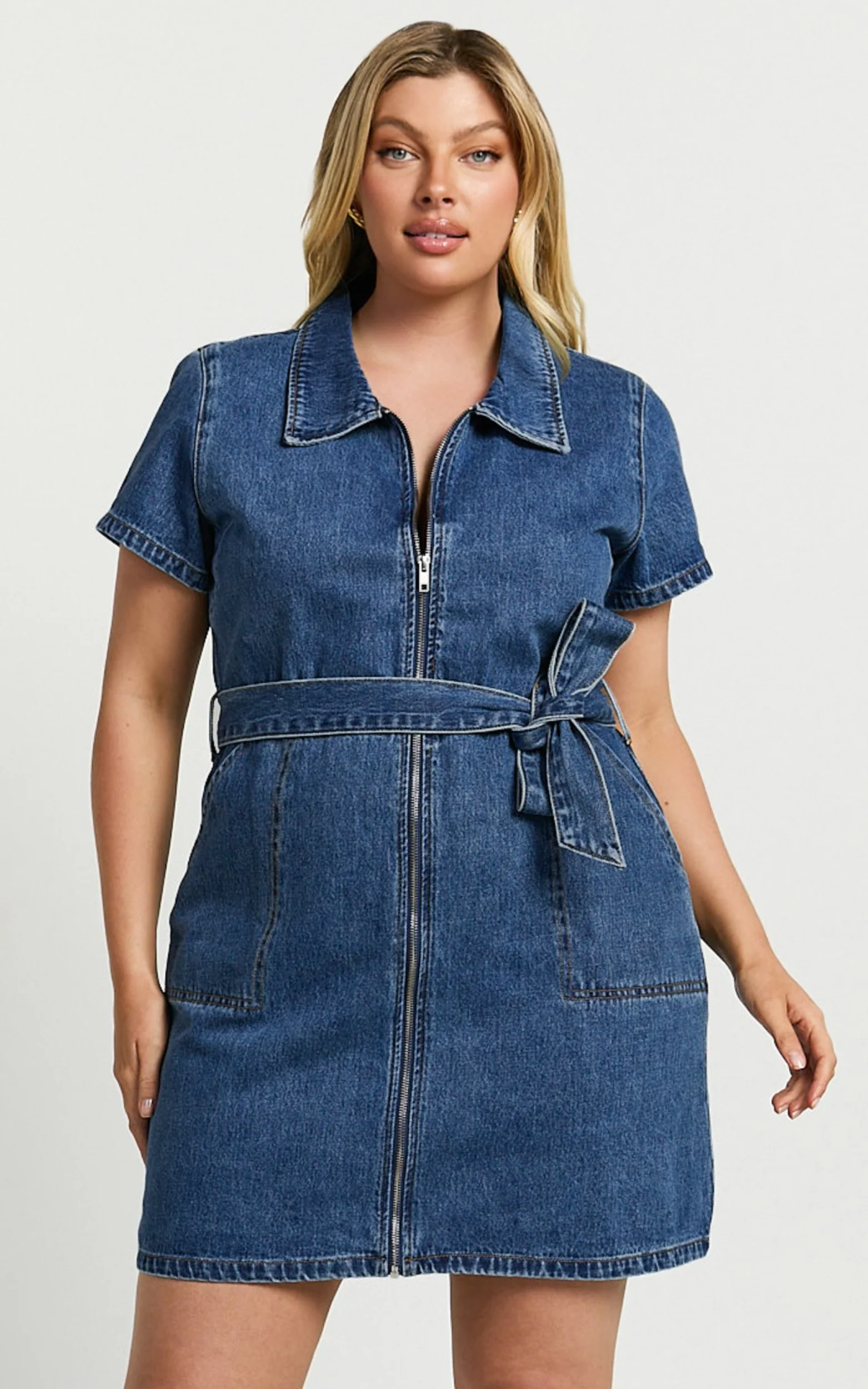 Nandini Mini Dress - Hardware Zip Through Denim Dress in Blue