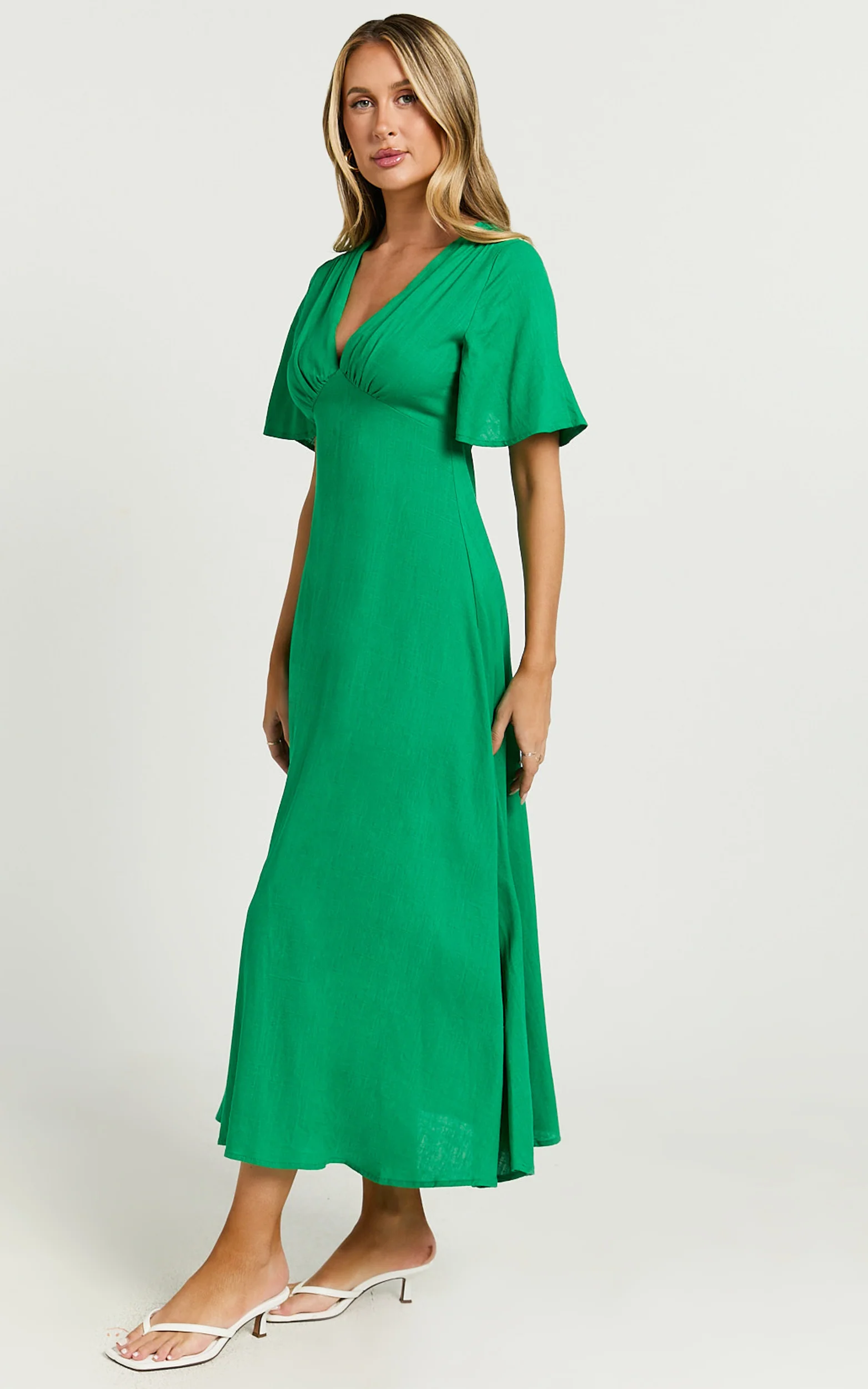Dakota Midi Dress - Linen Flutter Sleeve A Line Dress in Green