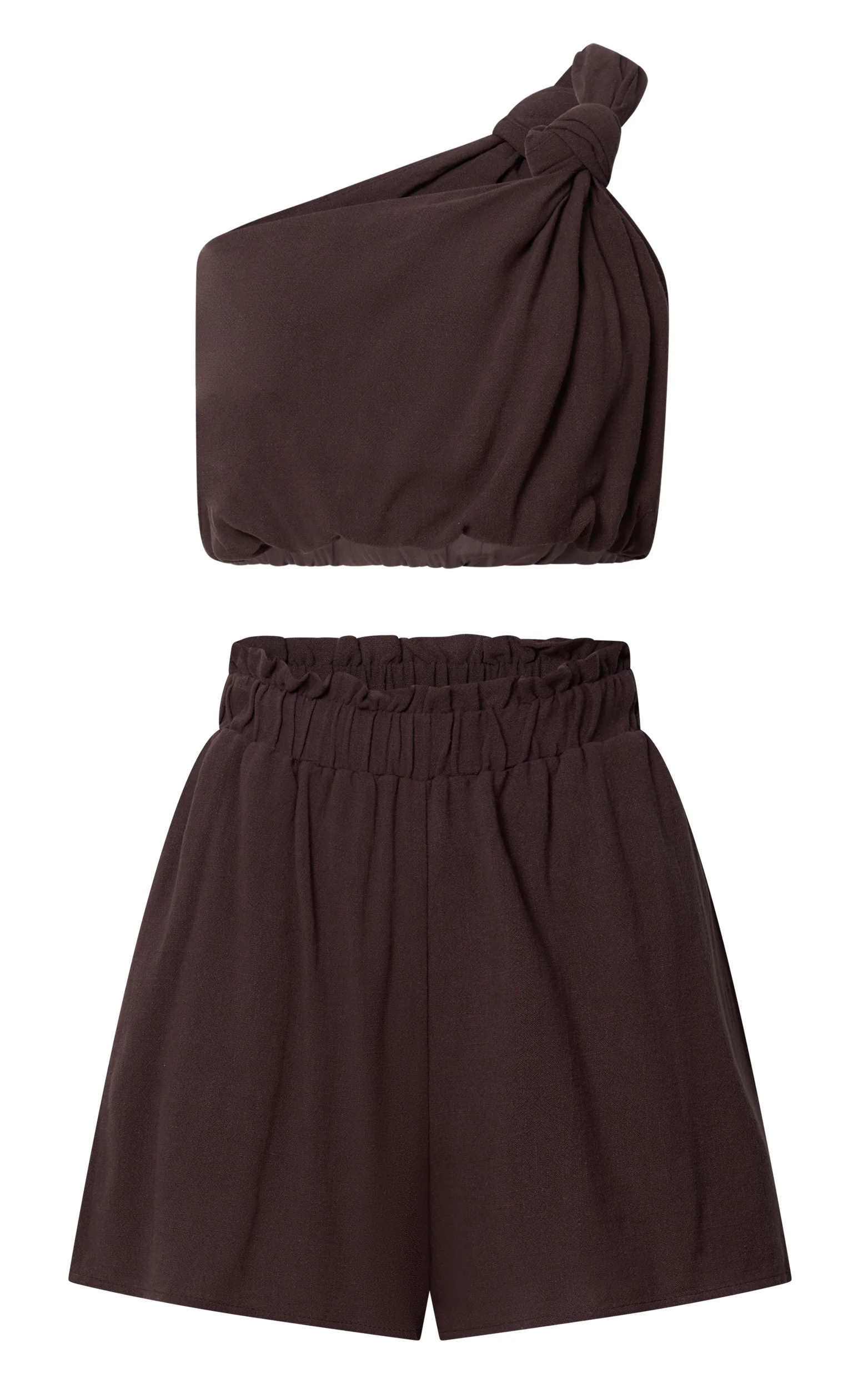 Raylene Two Piece Set - Linen Knotted One Shoulder Top and Paper Bag Waist Shorts in Tobacco
