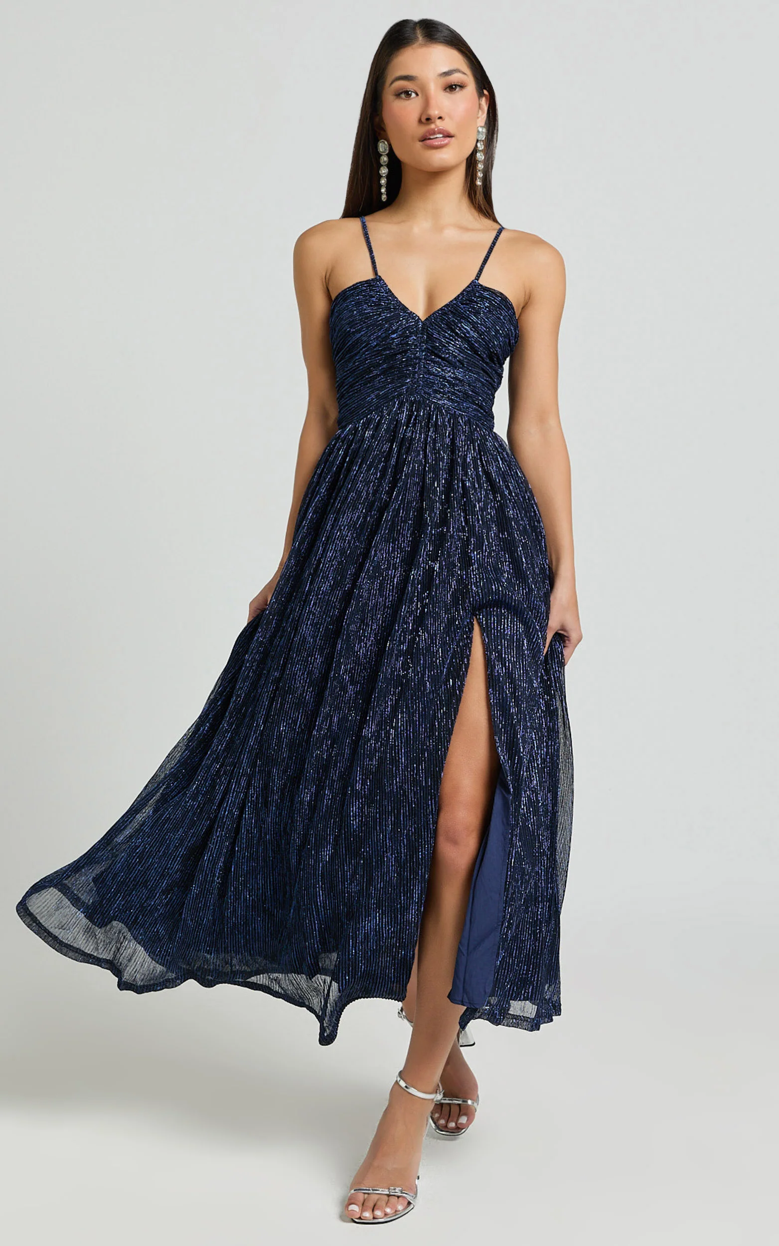 Sara Midi Dress - Ruched Bodice Lurex Dress in Navy