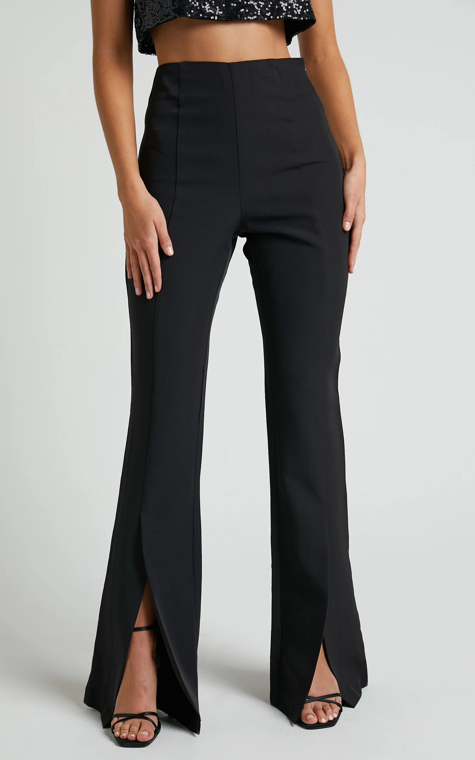 Volta Pants - Front High Waisted Split Boot Leg Kick Out Pants in Black