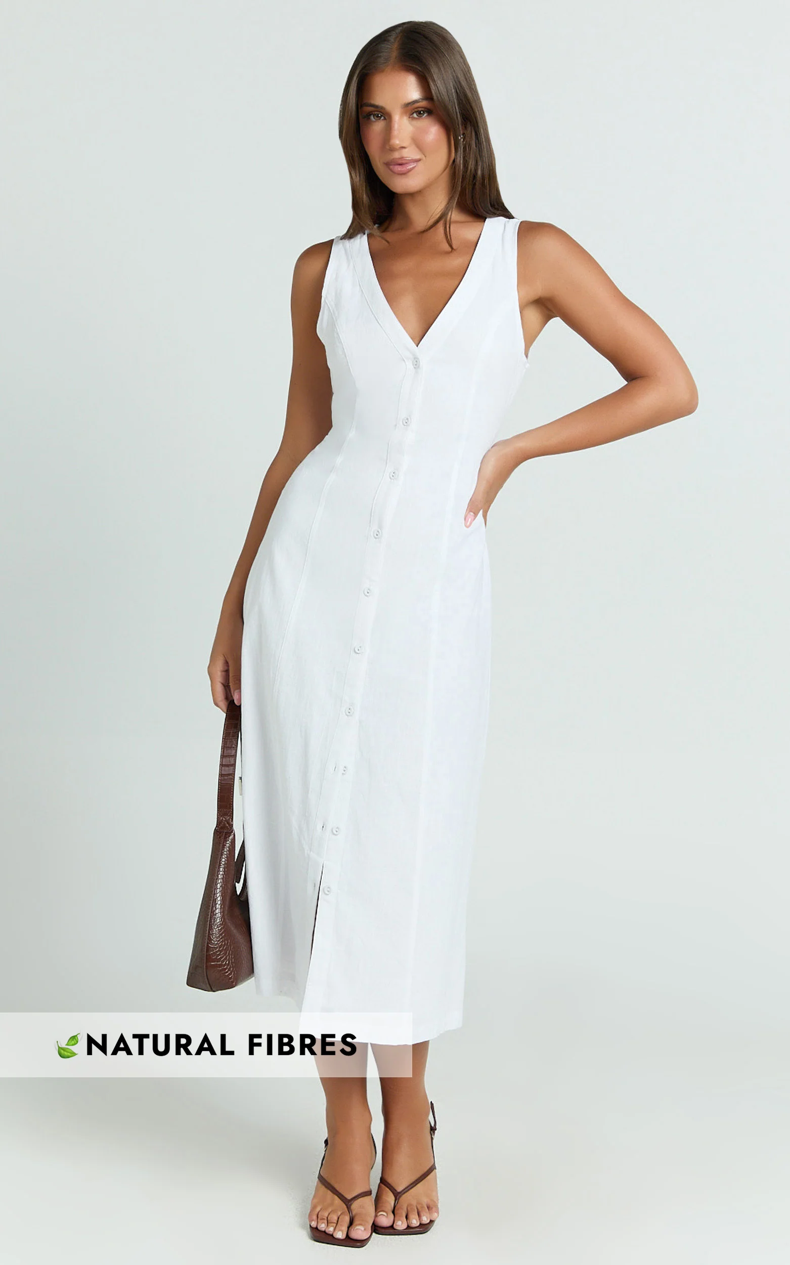 Juliet Midi Dress - Button Through V Neck Dress in White