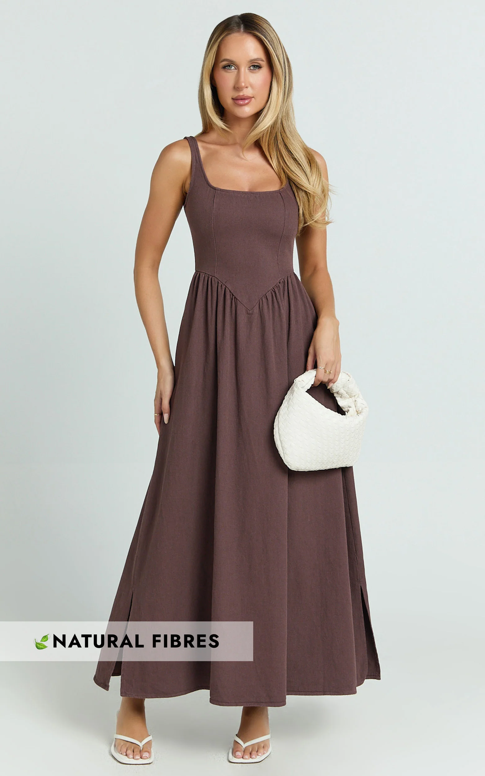 Rhaziya Midi Dress - Sleeveless Straight Neck Fit and Flare Dress in Chocolate