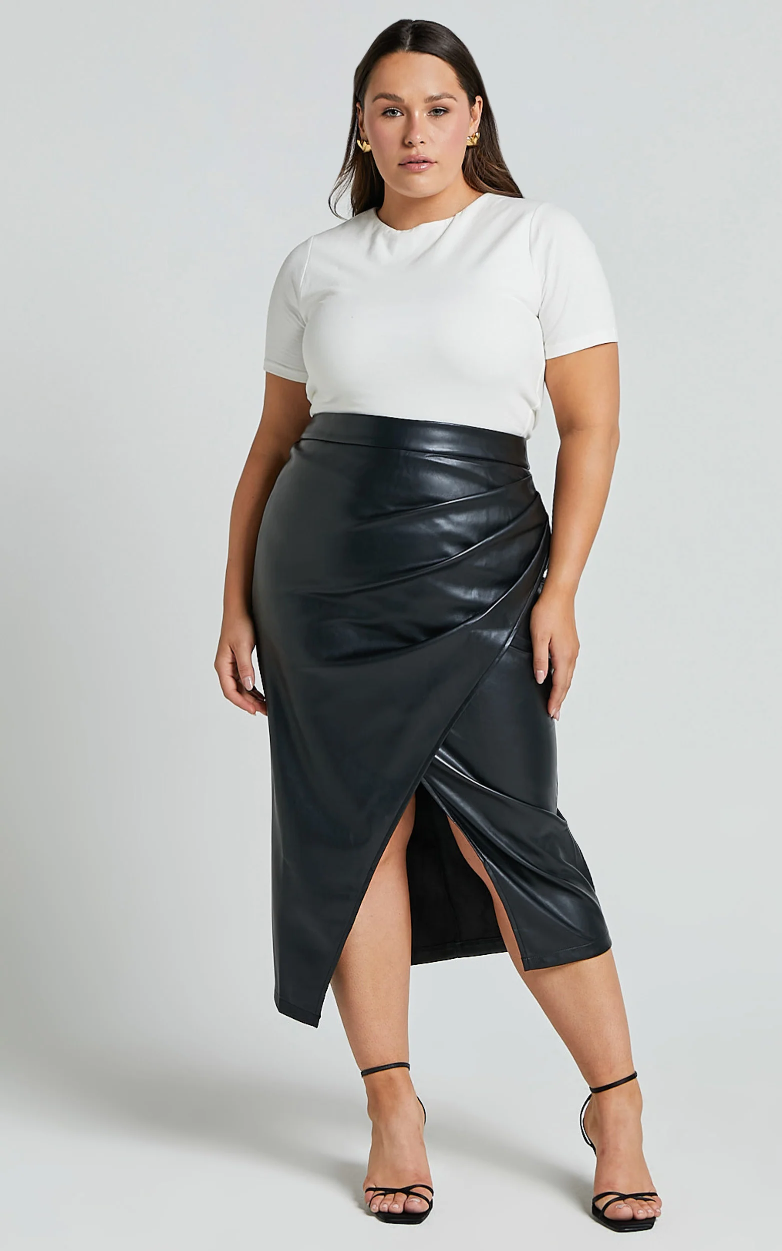 Gena Midi Skirt - Split Faux Leather Skirt in Black