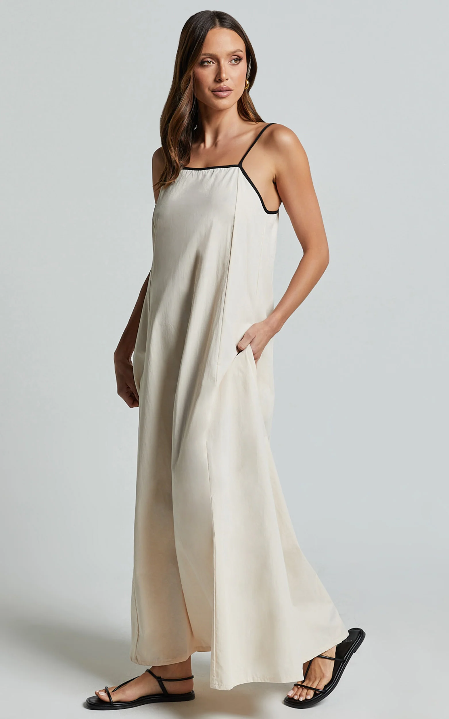 Angelina Midi Dress - Straight Neck Sleeveless A Line Dress in Natural