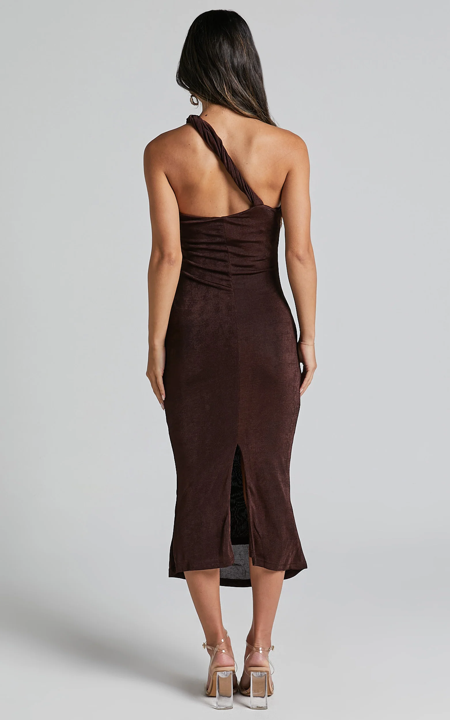 Arietty Midi Dress - One Shoulder Asymmetrical Ruched Dress in Chocolate