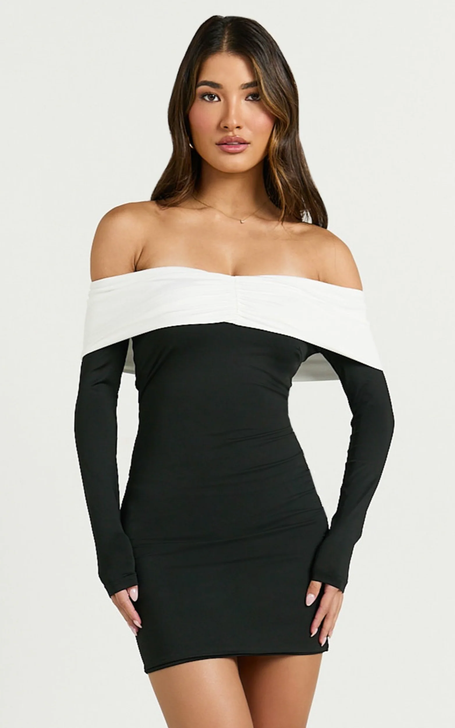 Amalita Mini Dress - Off Shoulder Contrast Long Sleeve Dress in Black & White