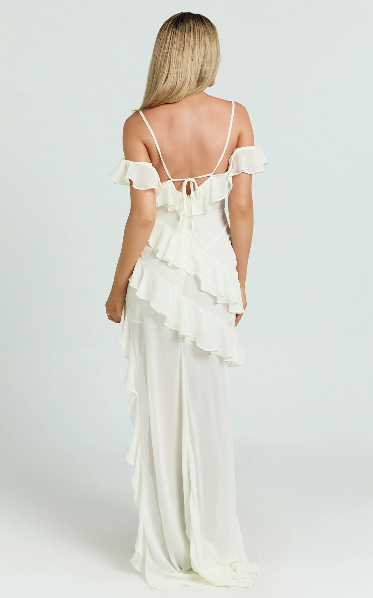 Brigitte Maxi Dress - Halter Off Shoulder Georgette Ruffle Tiered Dress in Cream