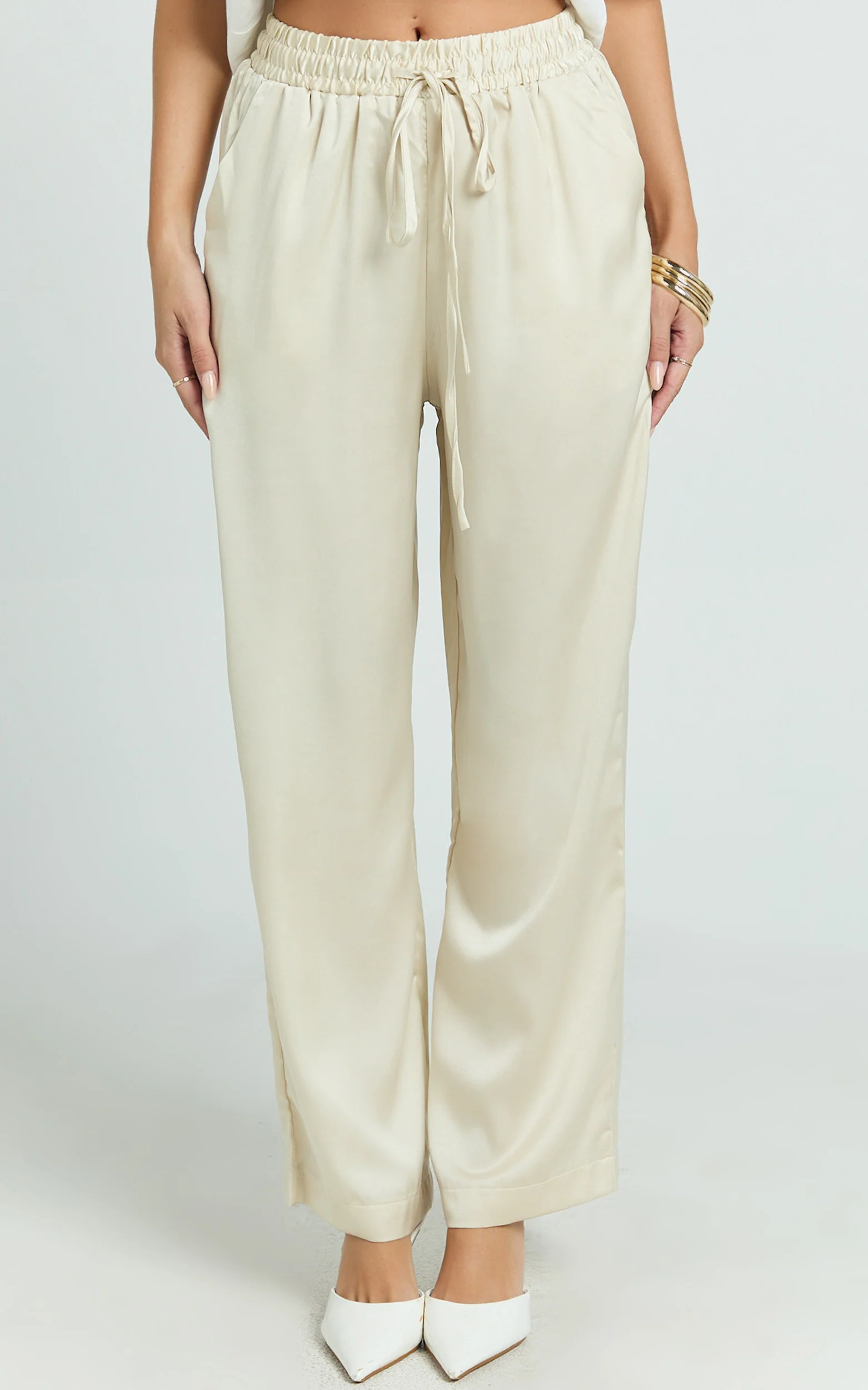 Jinky Pants - Satin Drawstring Pants in Off White