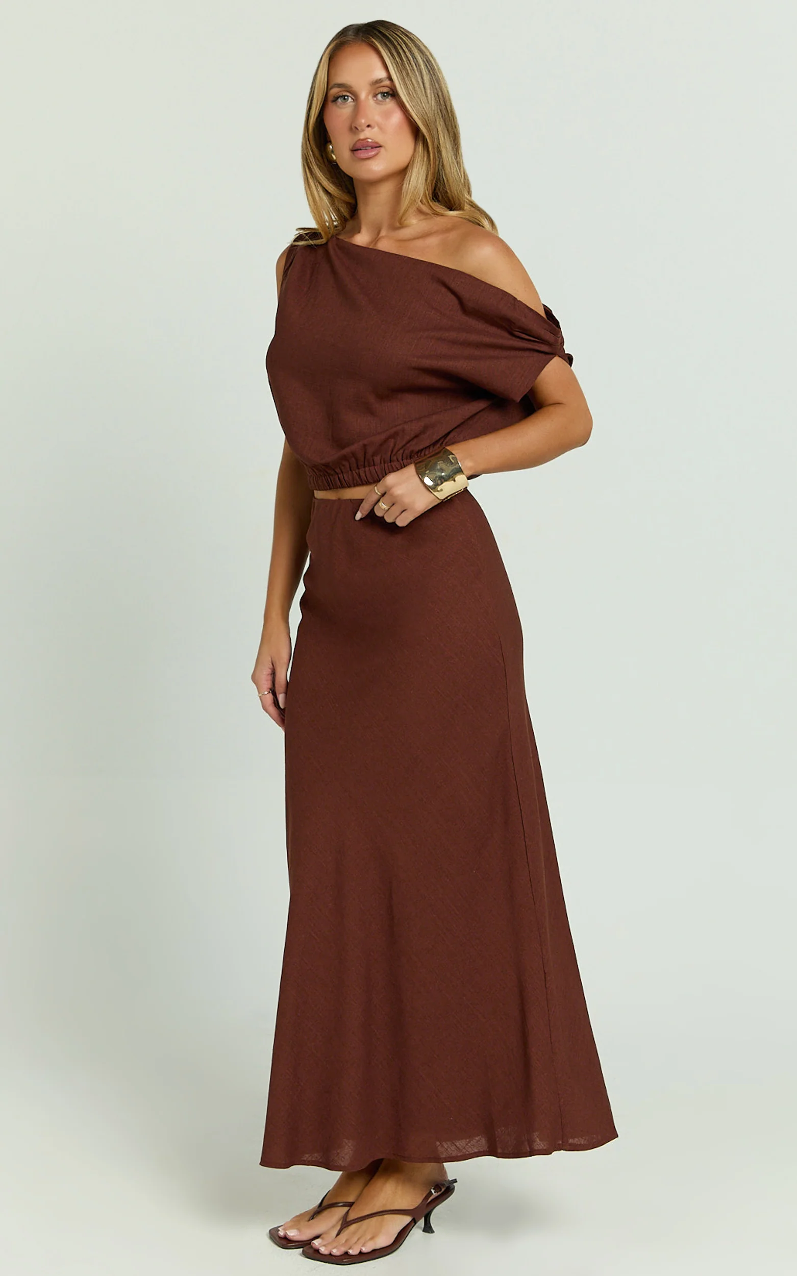 Collins Midi Skirt - Linen Look High Waisted Linen Look Bias Slip Skirt in Chocolate