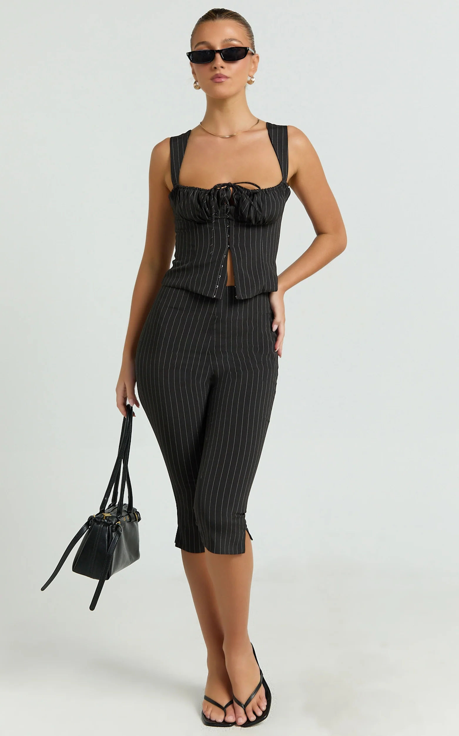 Susannah Top - Ruched Square Neck Bustier Top in Black Stripe