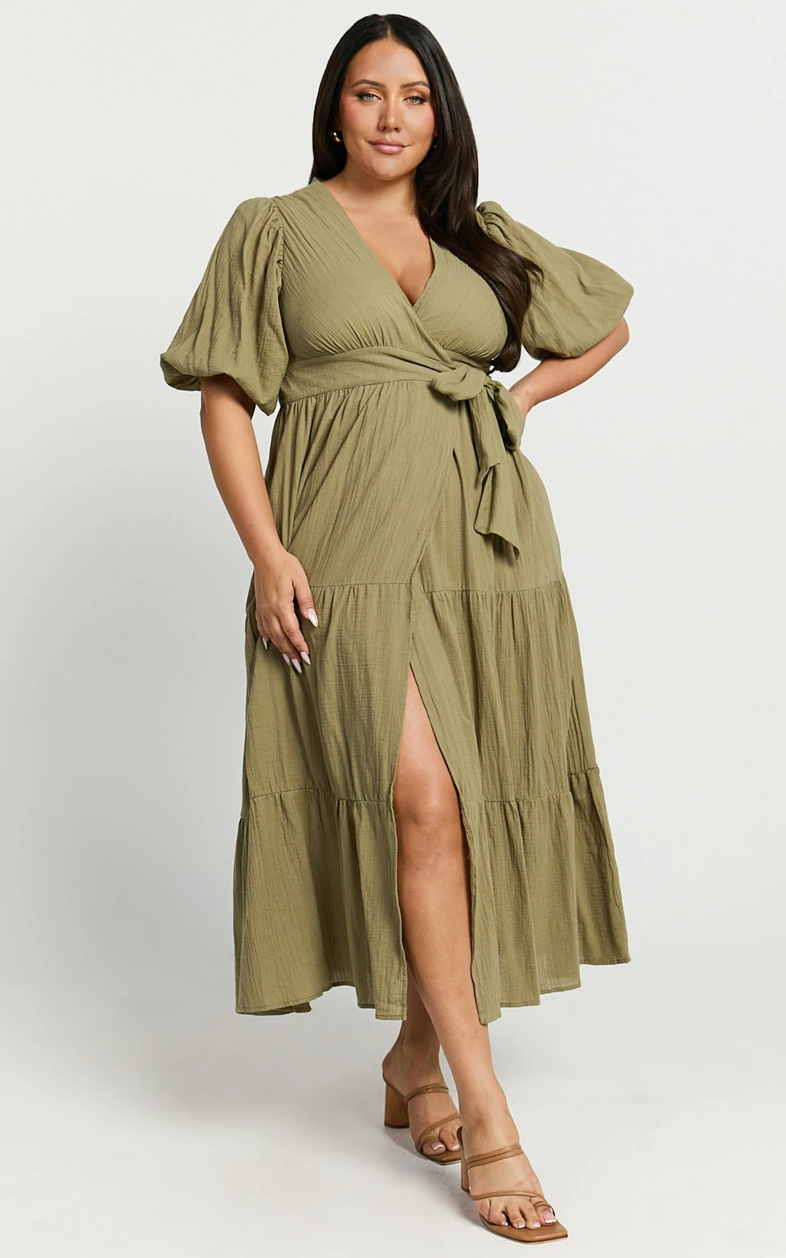 Penelope Wrap Front Puff Sleeve Midi Dress in Olive - Penelope Wrap Front Puff Sleeve Midi Dress in Olive