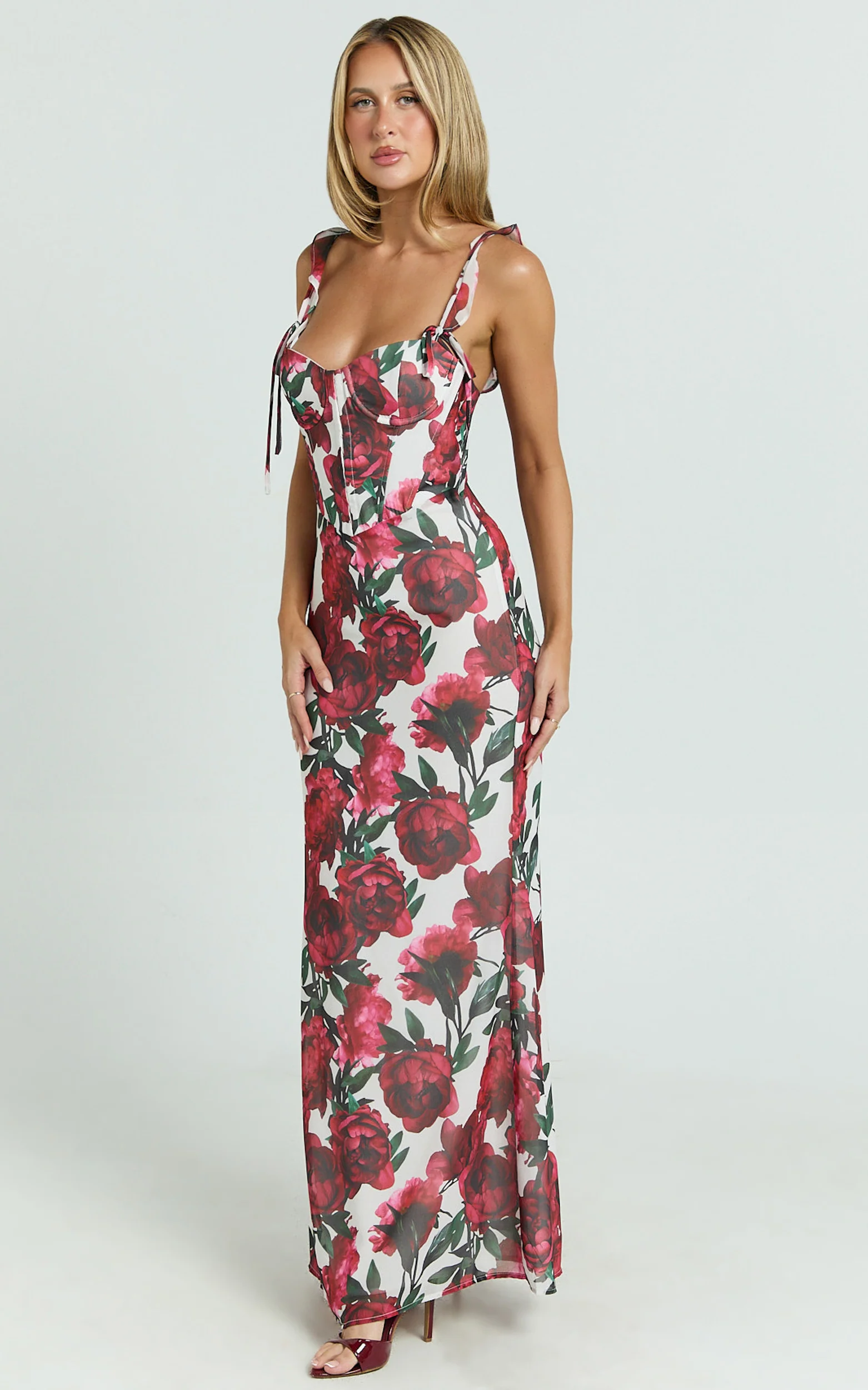 Mabel Maxi Dress - Georgette Frill Sleeve Sweetheart Bias Cut Dress in Rose Blanca