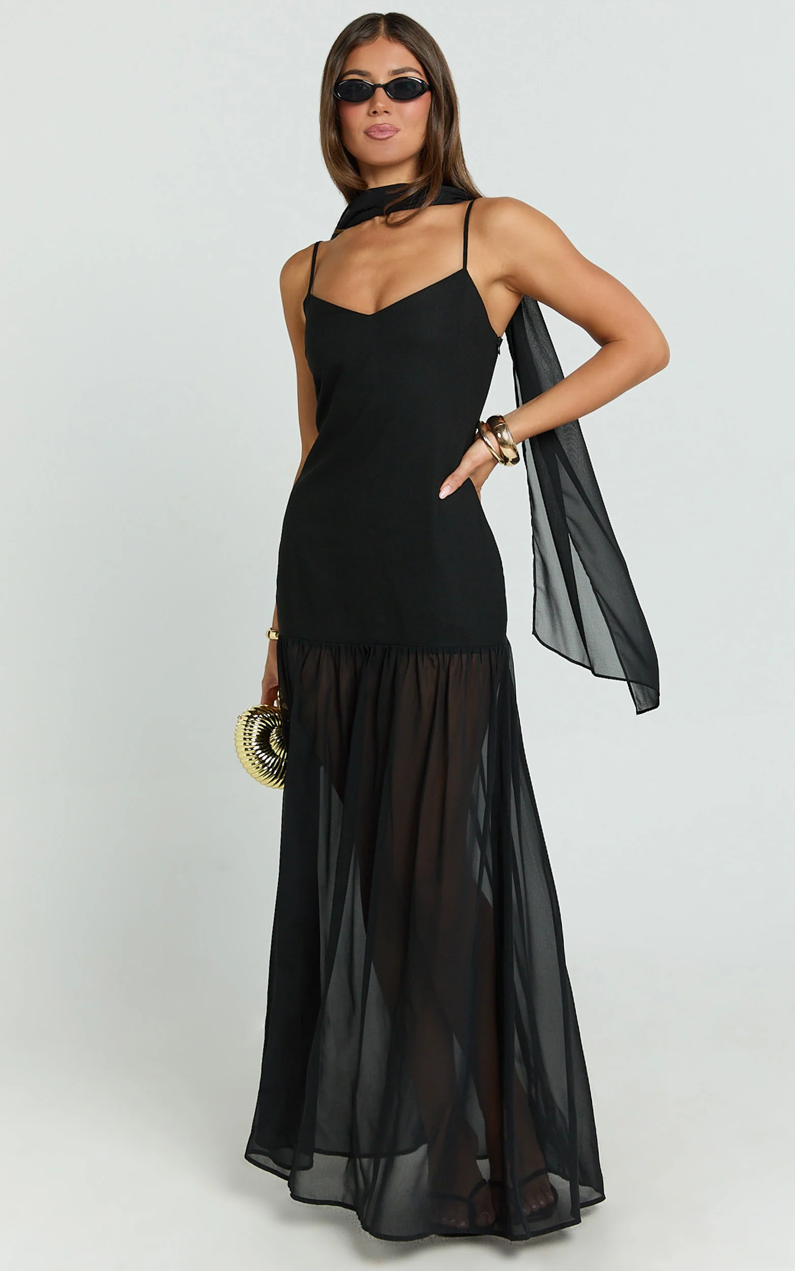 Calvin Maxi Dress - Linen Look Contrast Georgette Skirt with Neck Scarf in Black